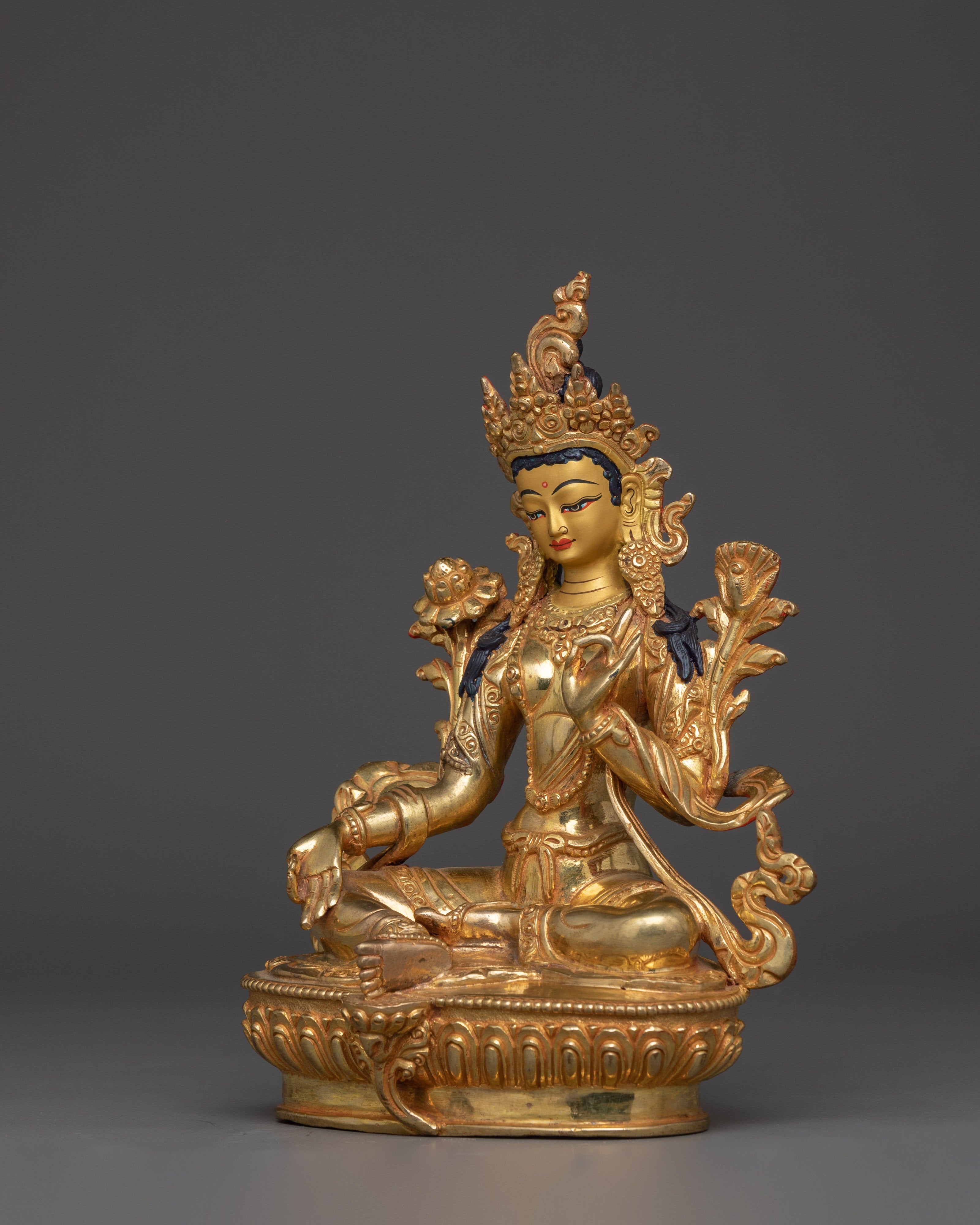 Divine Green Tara Statue | Gold Gilded Goddess for Altar and Meditation