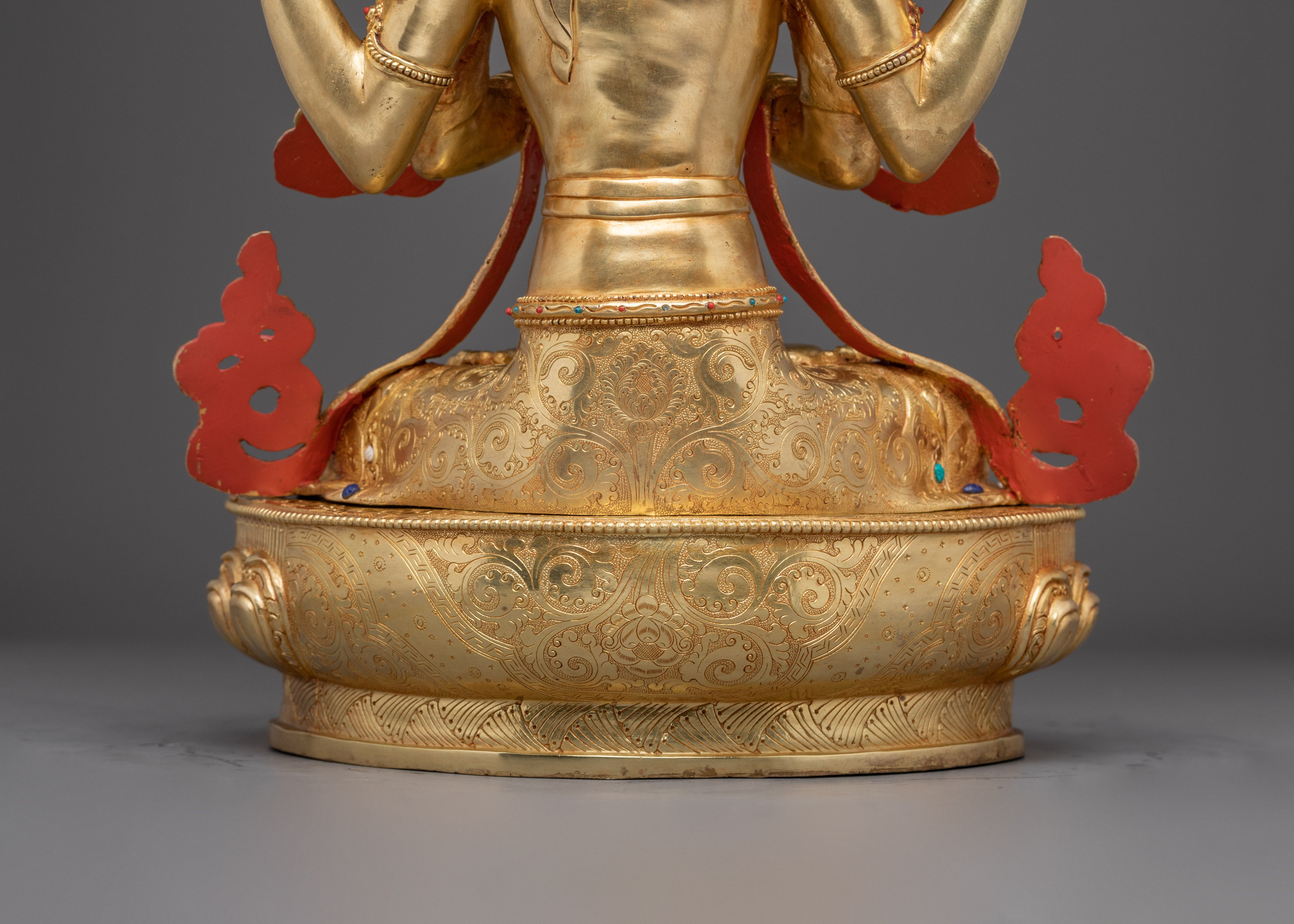 Buddhist Chenrezig Figure | Tibetan Bodhisattva in Gold Gilded Copper Art