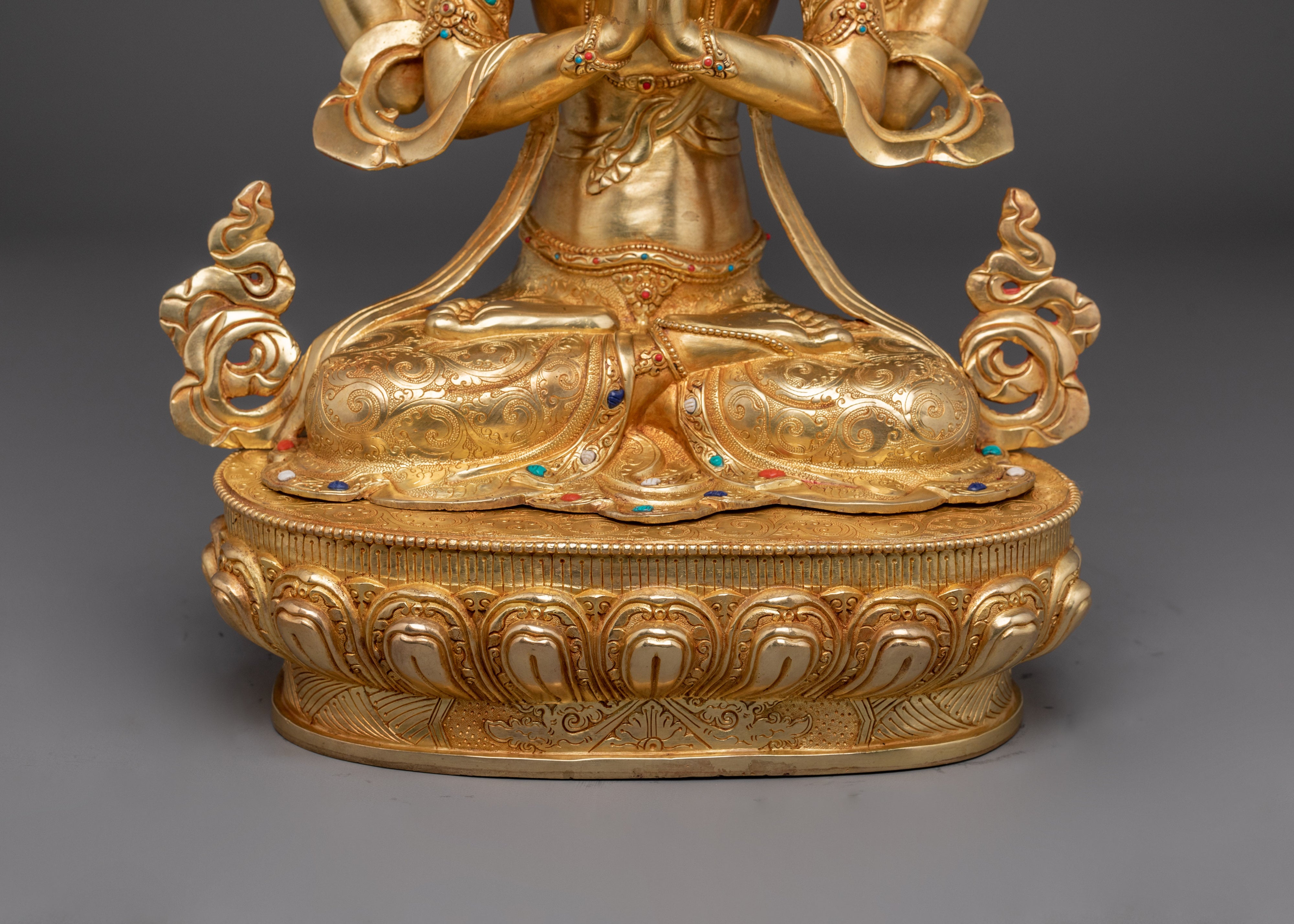 Buddhist Chenrezig Figure | Tibetan Bodhisattva in Gold Gilded Copper Art