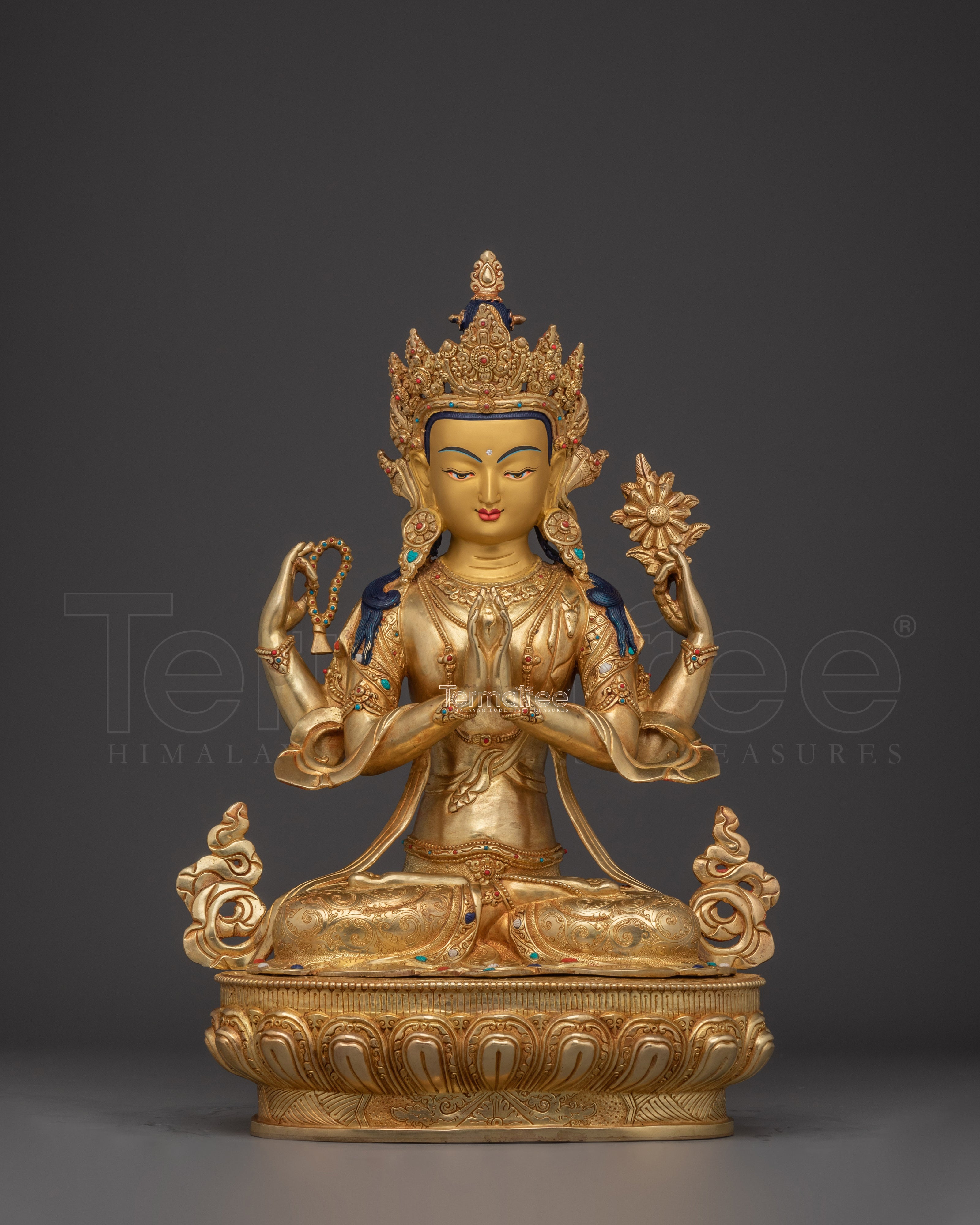 Buddhist Chenrezig Figure | Tibetan Bodhisattva in Gold Gilded Copper Art