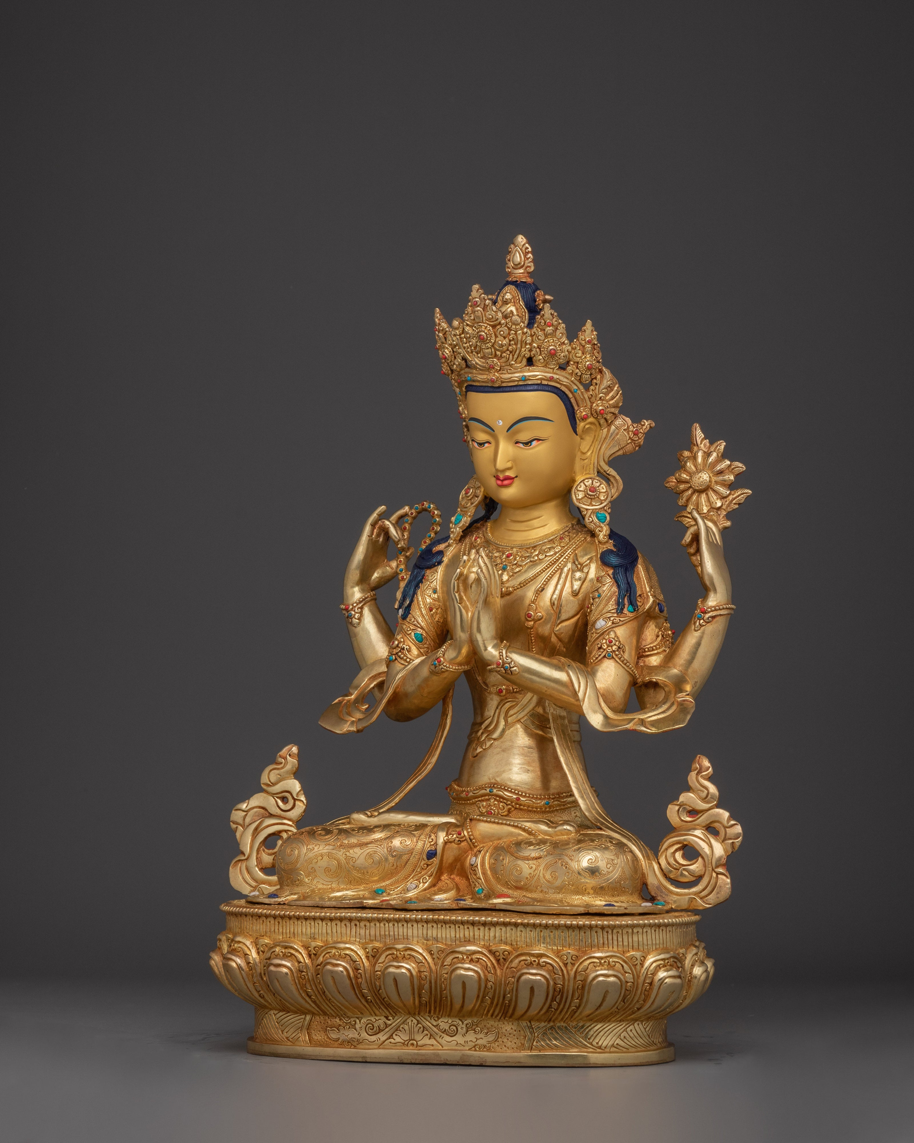 Buddhist Chenrezig Figure | Tibetan Bodhisattva in Gold Gilded Copper Art