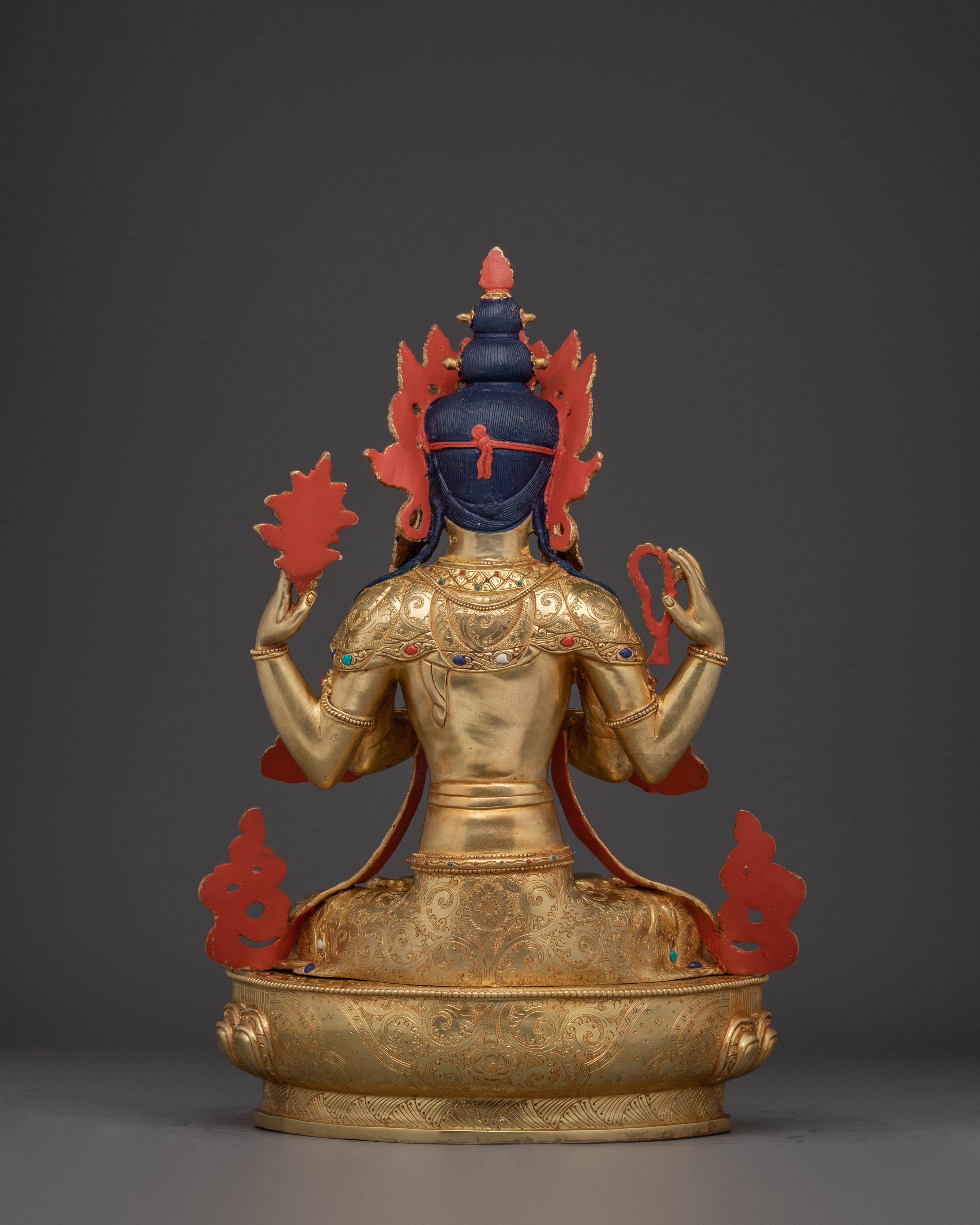 Buddhist Chenrezig Figure | Tibetan Bodhisattva in Gold Gilded Copper Art