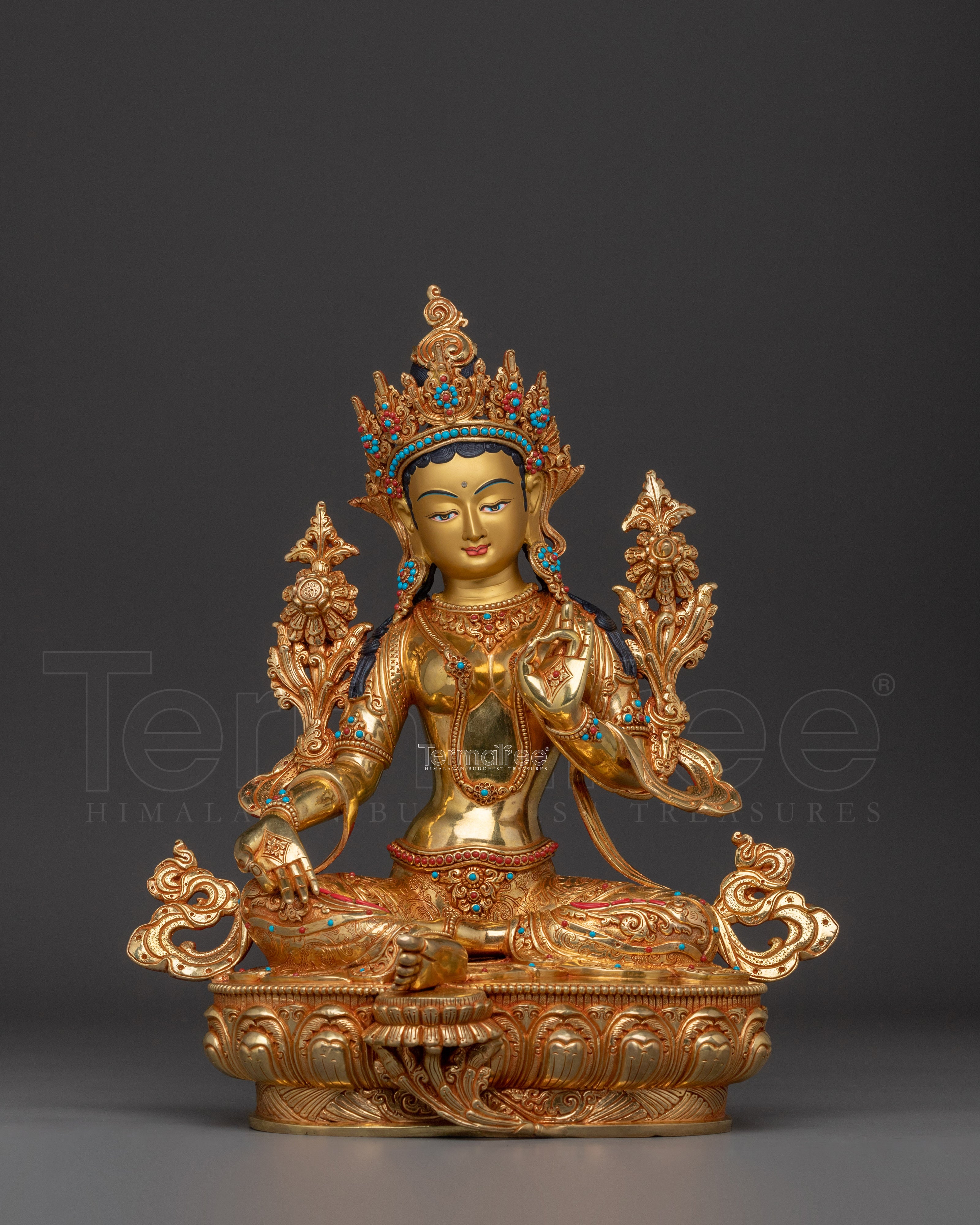 Compassionate Bodhisattva Shyama Tara Statue | Green Tara Golden Figurine