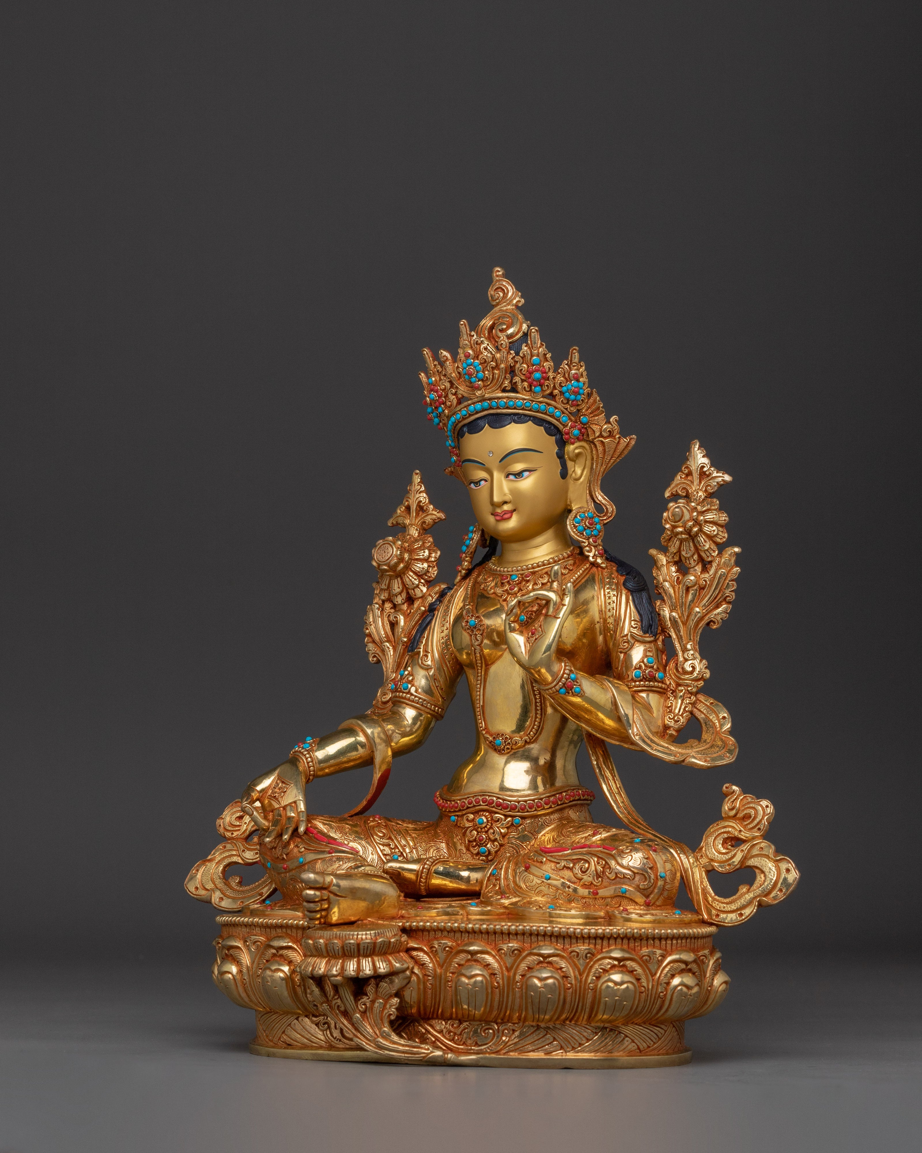 Compassionate Bodhisattva Shyama Tara Statue | Green Tara Golden Figurine