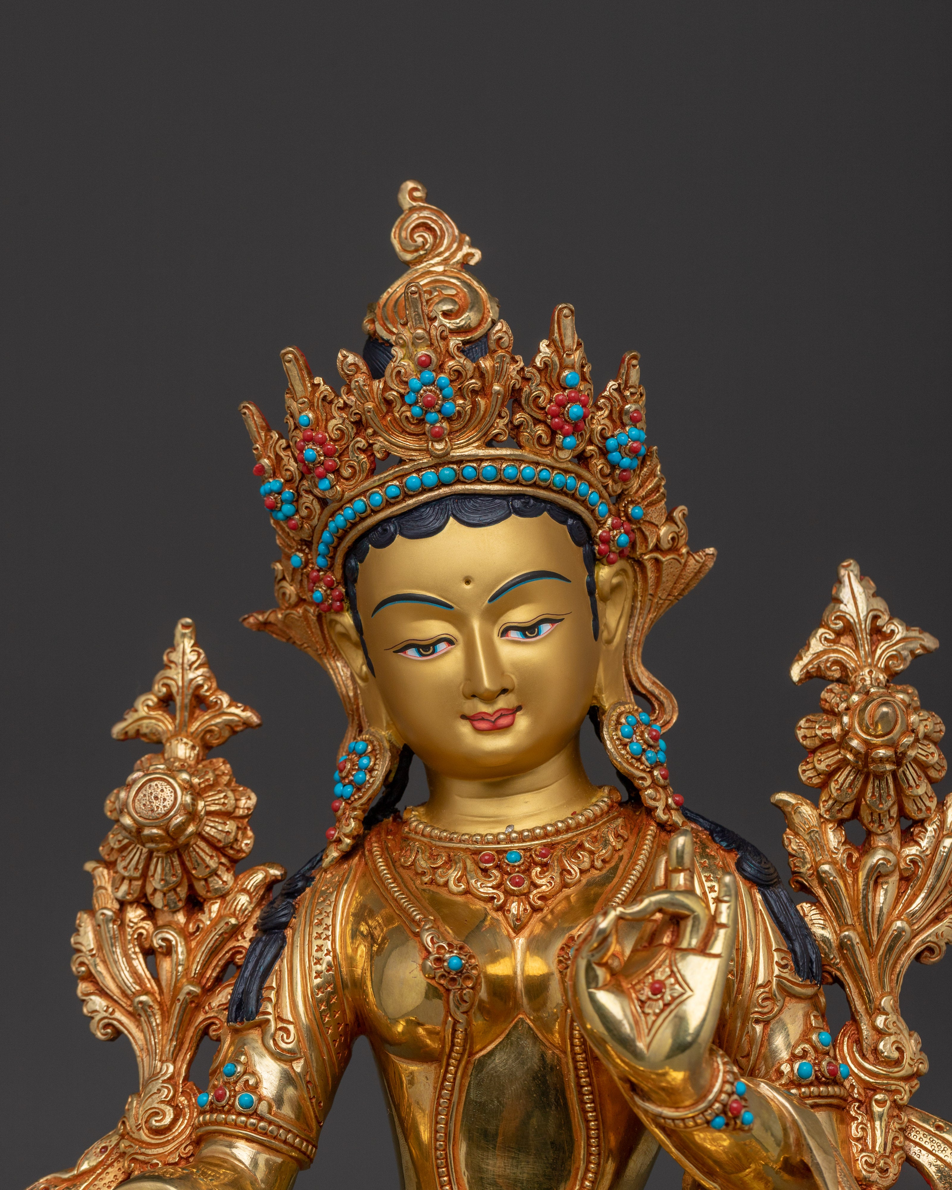 Compassionate Bodhisattva Shyama Tara Statue | Green Tara Golden Figurine