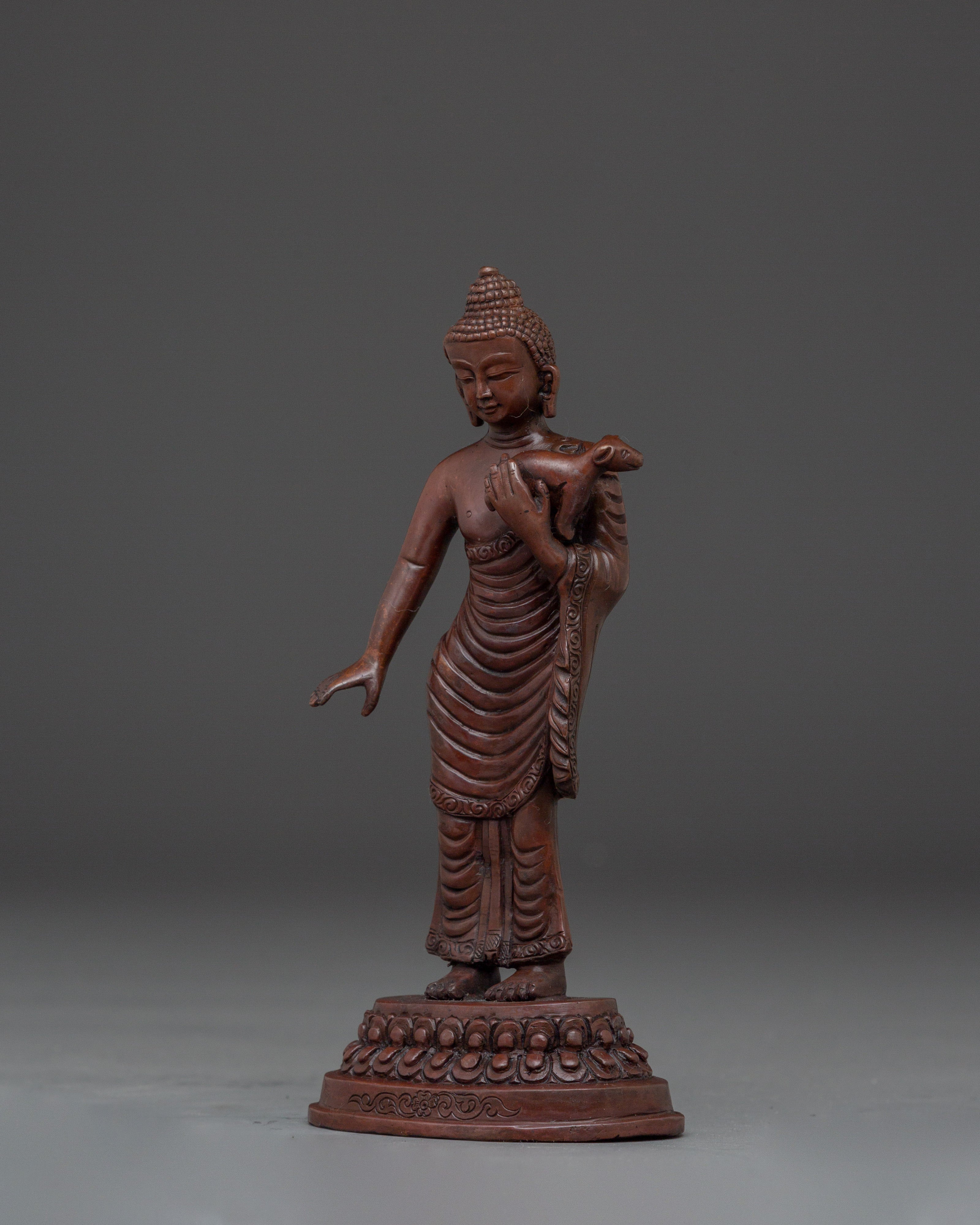 Standing Buddha Holding a Calf Statue | Unique Buddhist Statue