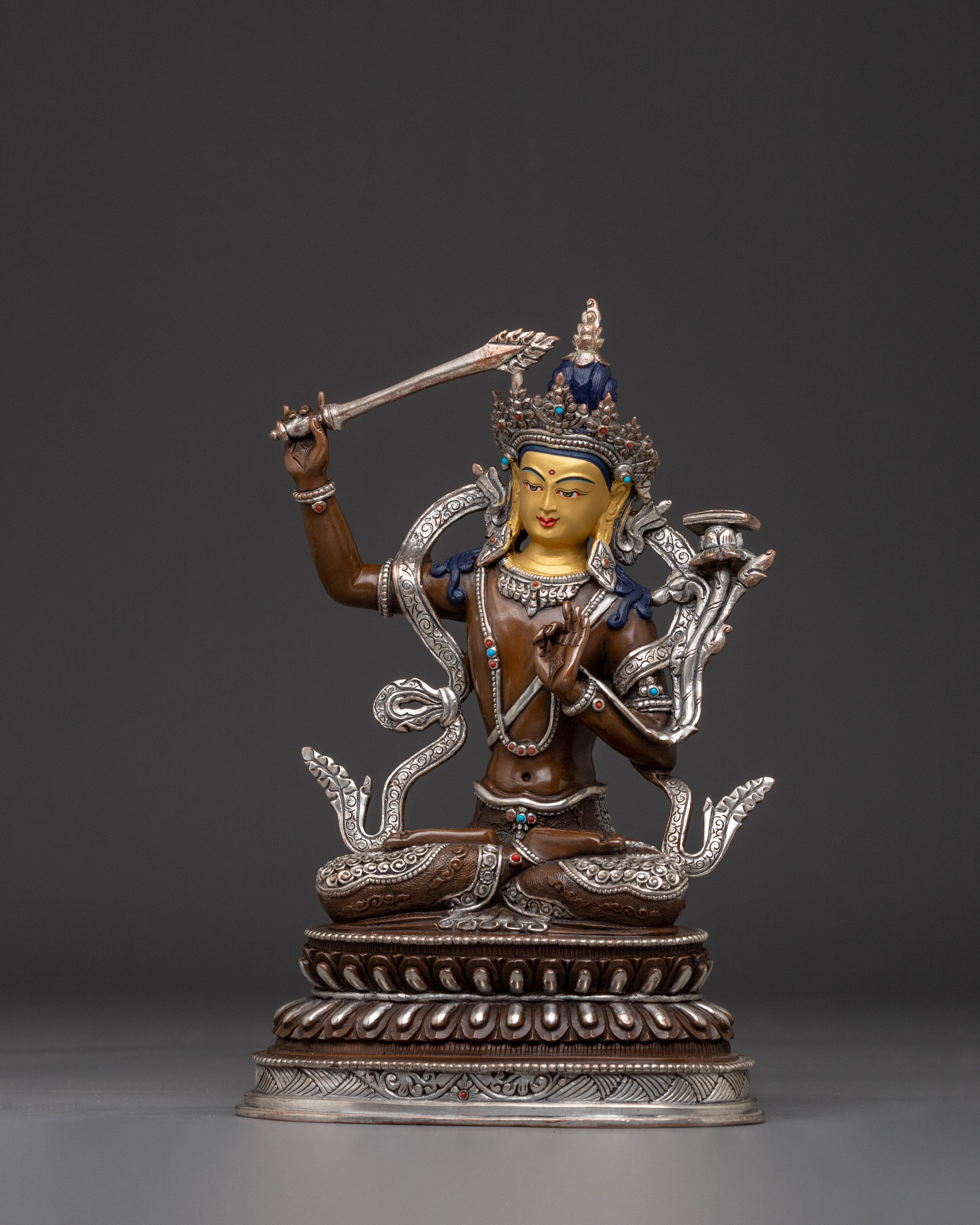 Handcrafted Manjushri Silver Plated Statue | Tibetan Deity of Wisdom and Insight