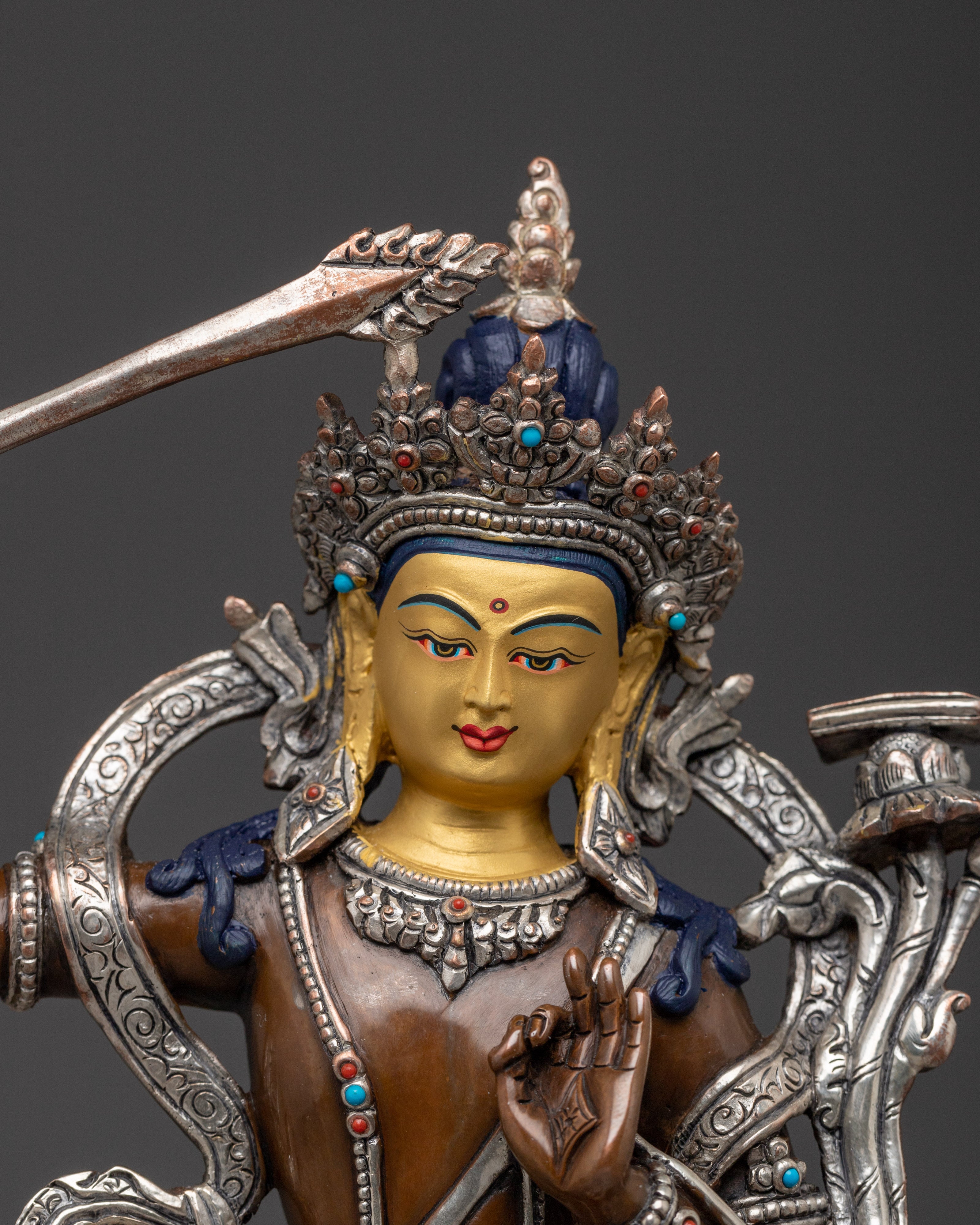 Handcrafted Manjushri Silver Plated Statue | Tibetan Deity of Wisdom and Insight