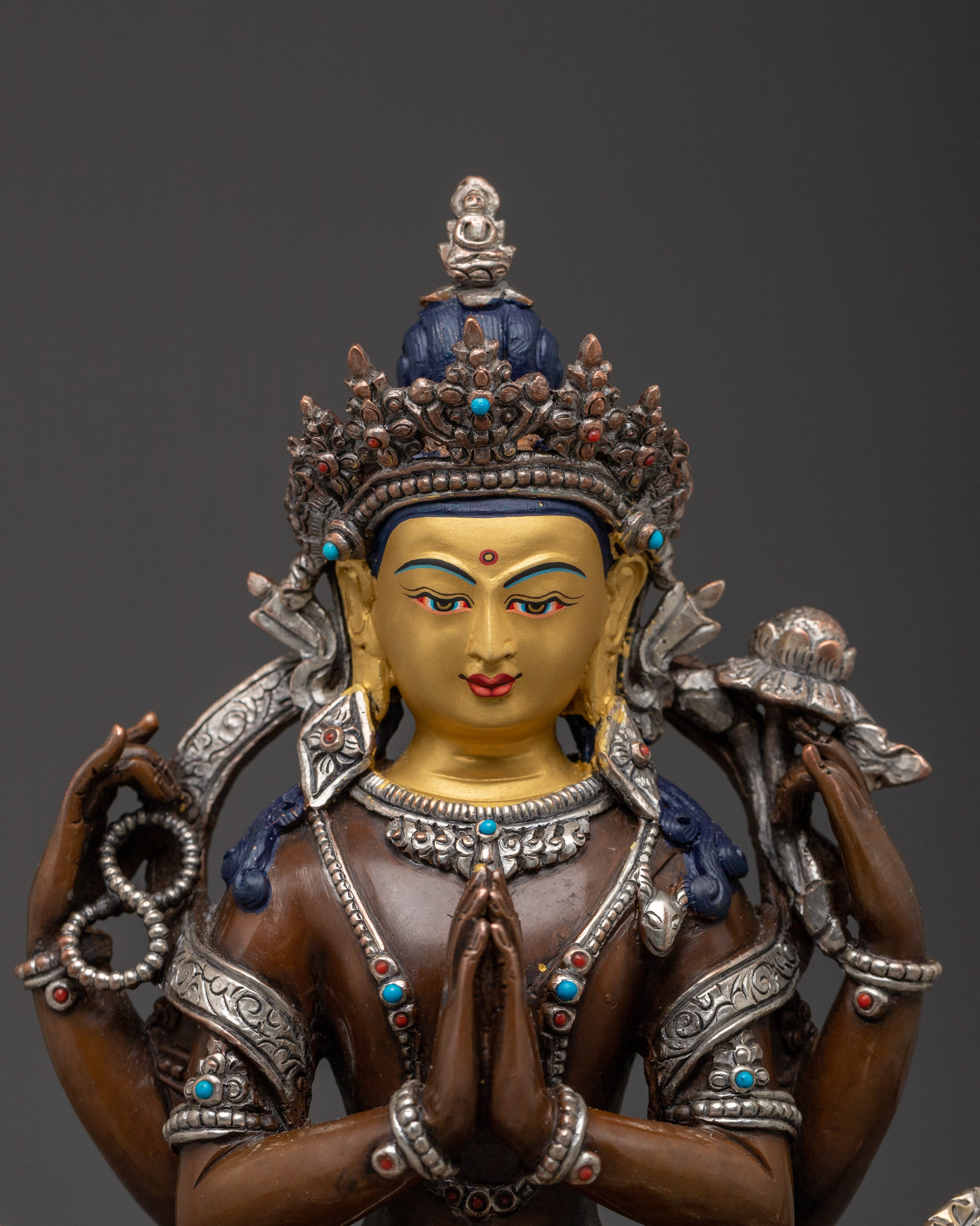 Compassion Chenrezig Oxidized Copper Statue | Tibetan Deity of Compassion and Mercy