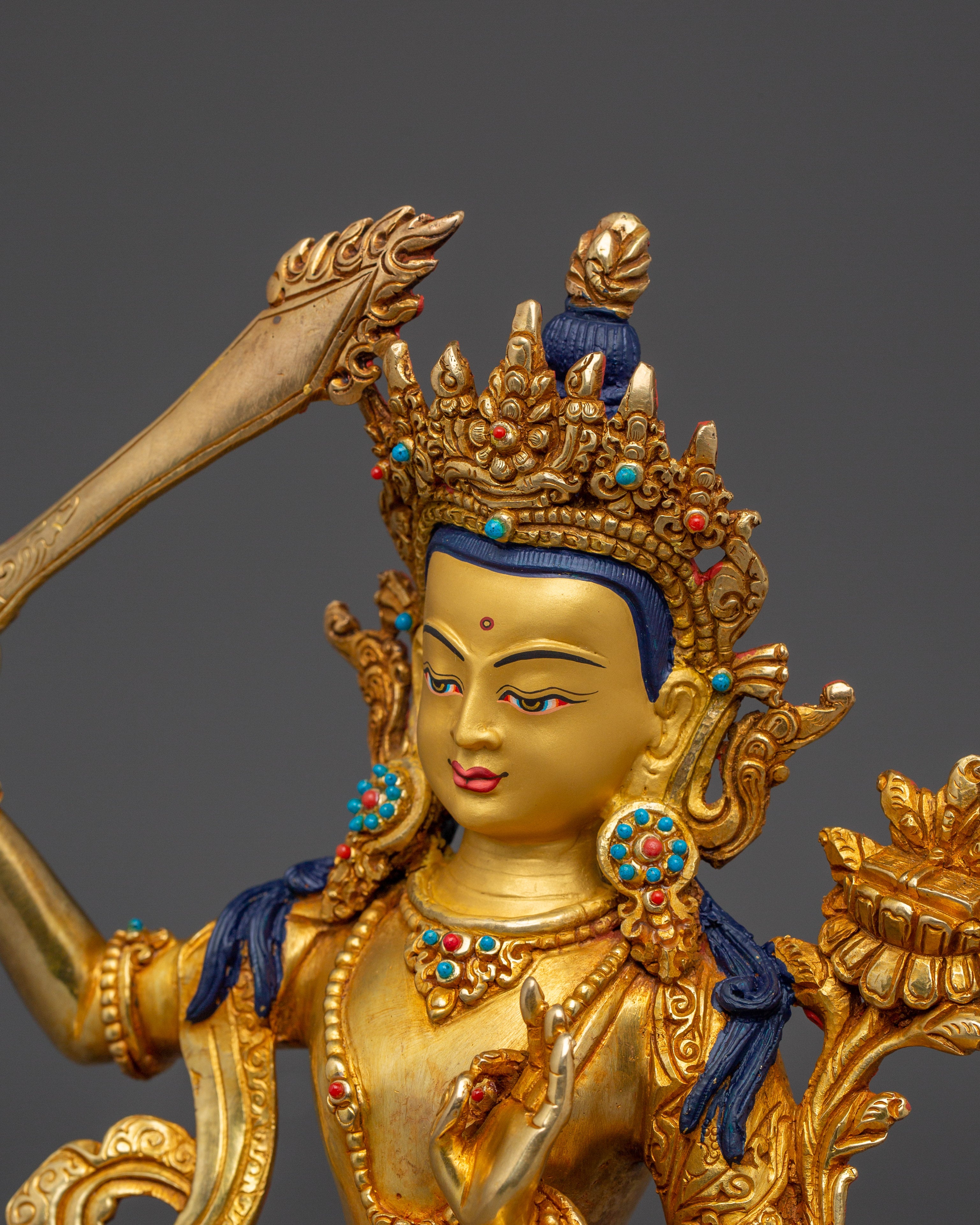 Tibetan Gold Gilded Manjushri Statue | Bodhisattva Deity with Gemstones and Copper Body