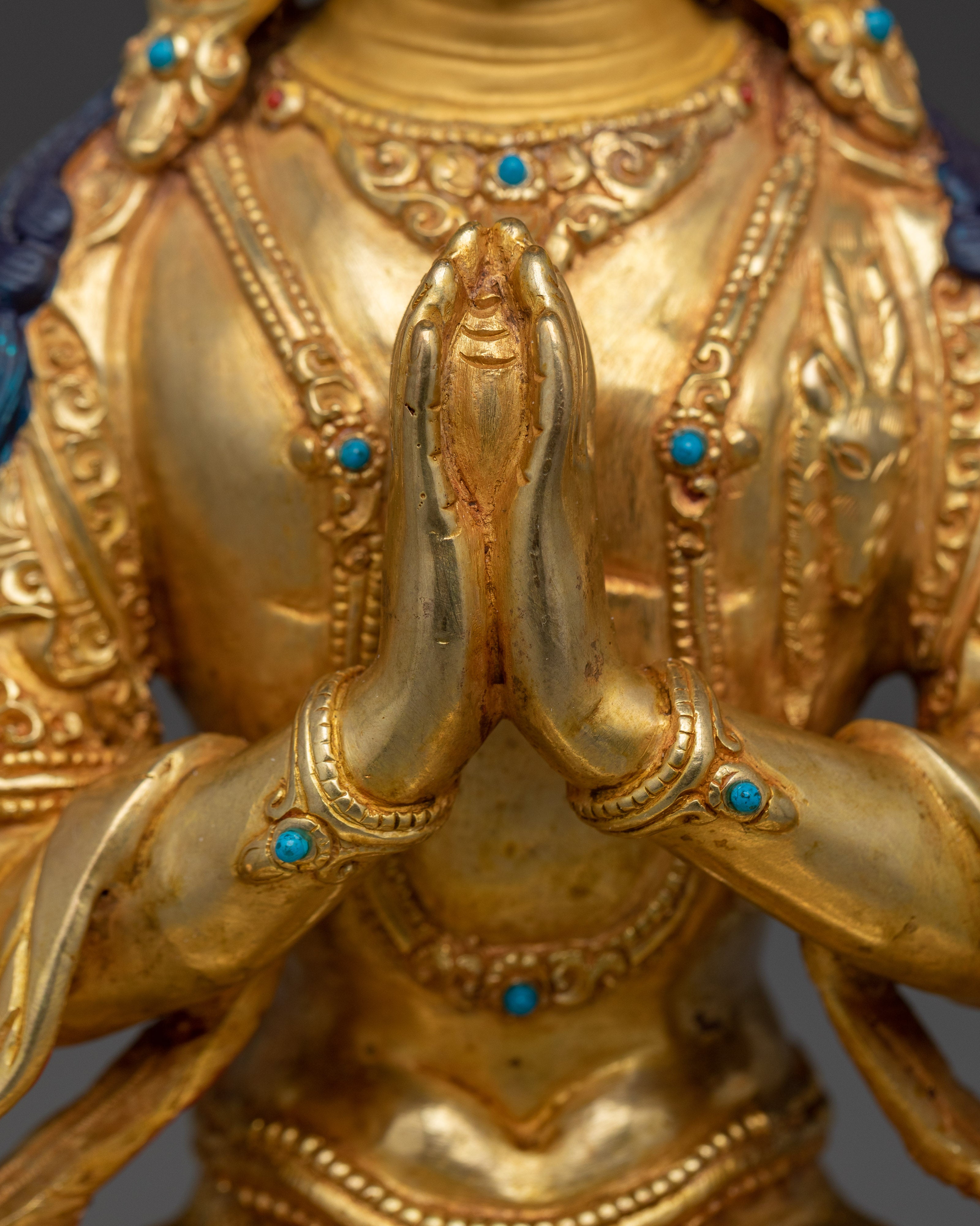 Tibetan Copper Chenrezig with Gemstone Inlay | Avalokiteshvara Sculpture for Meditation