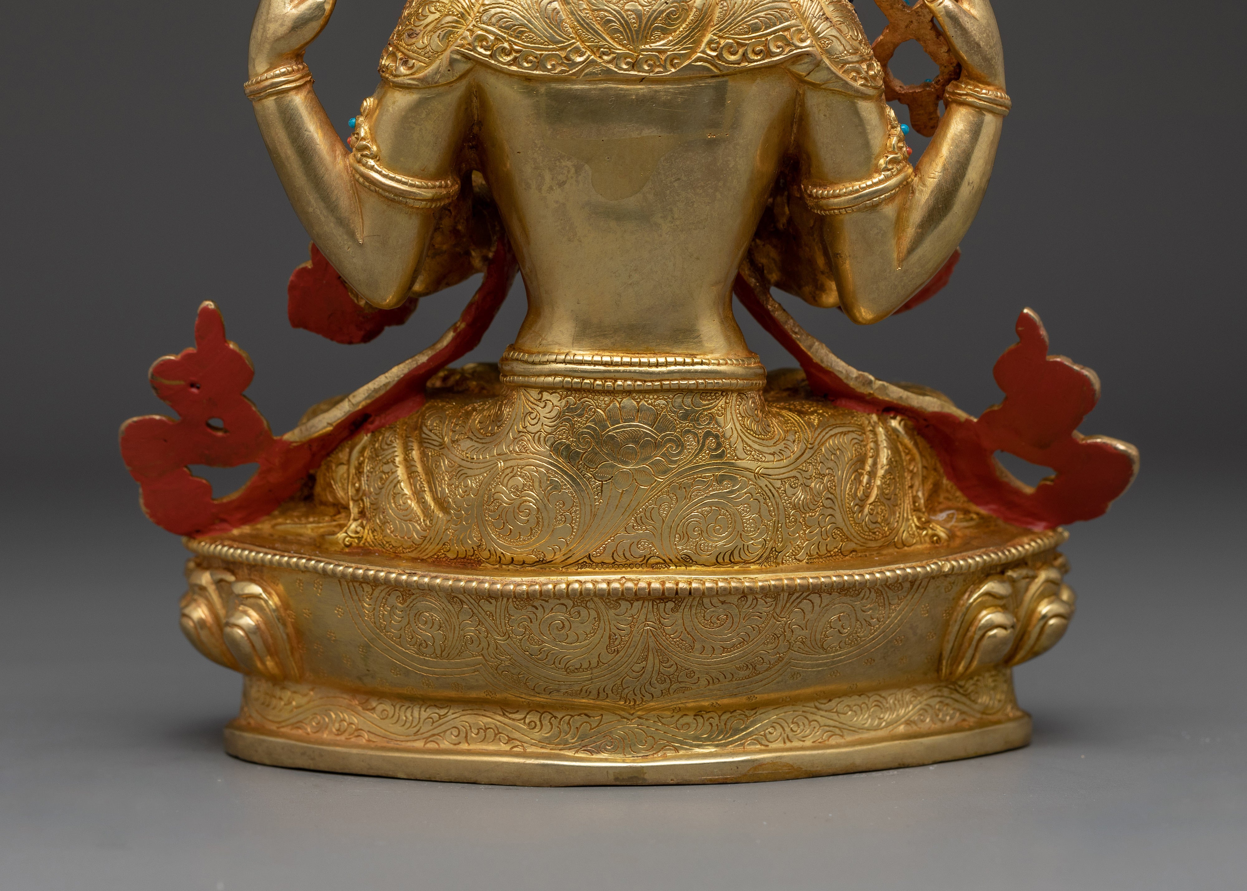 Tibetan Copper Chenrezig with Gemstone Inlay | Avalokiteshvara Sculpture for Meditation