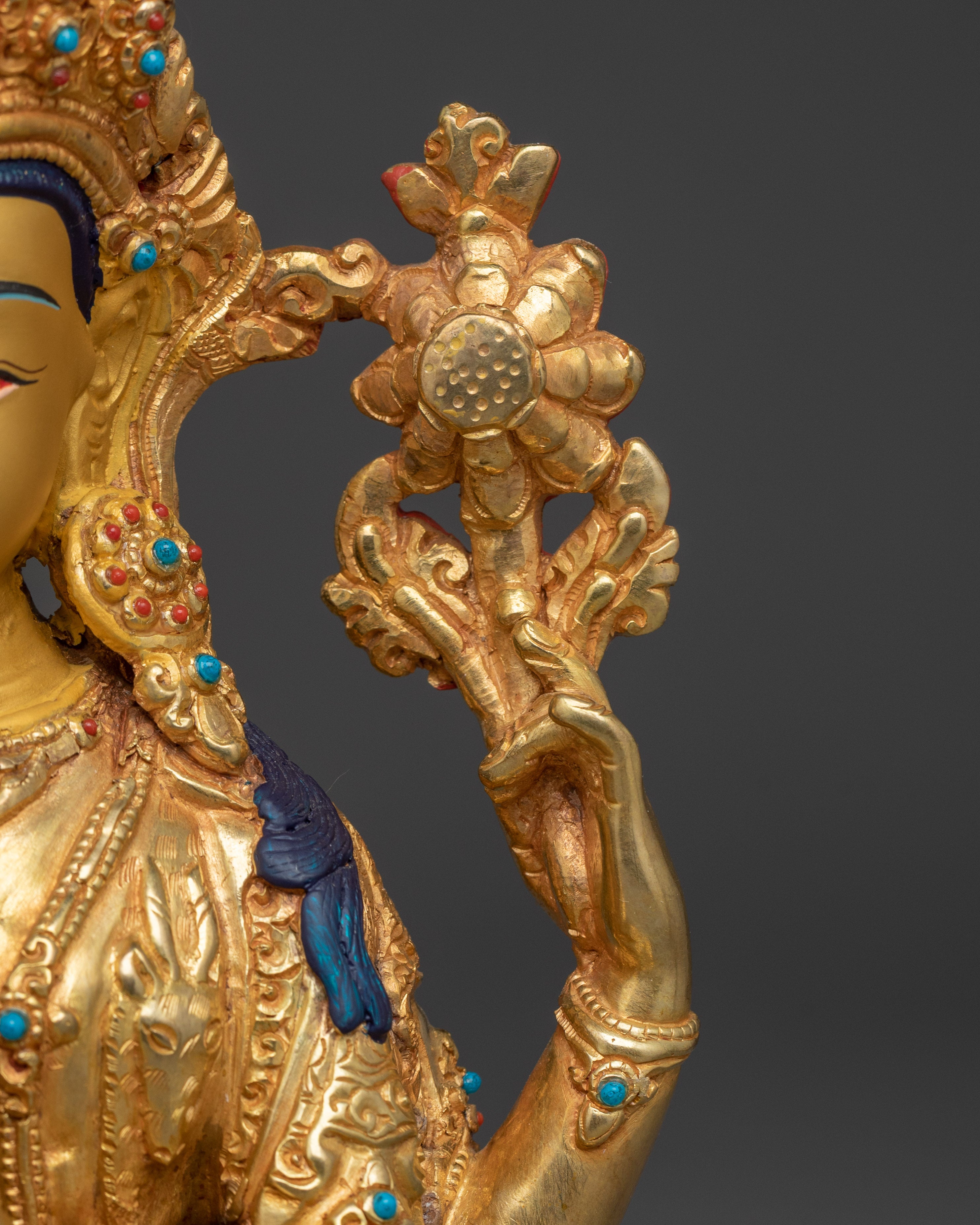 Tibetan Copper Chenrezig with Gemstone Inlay | Avalokiteshvara Sculpture for Meditation