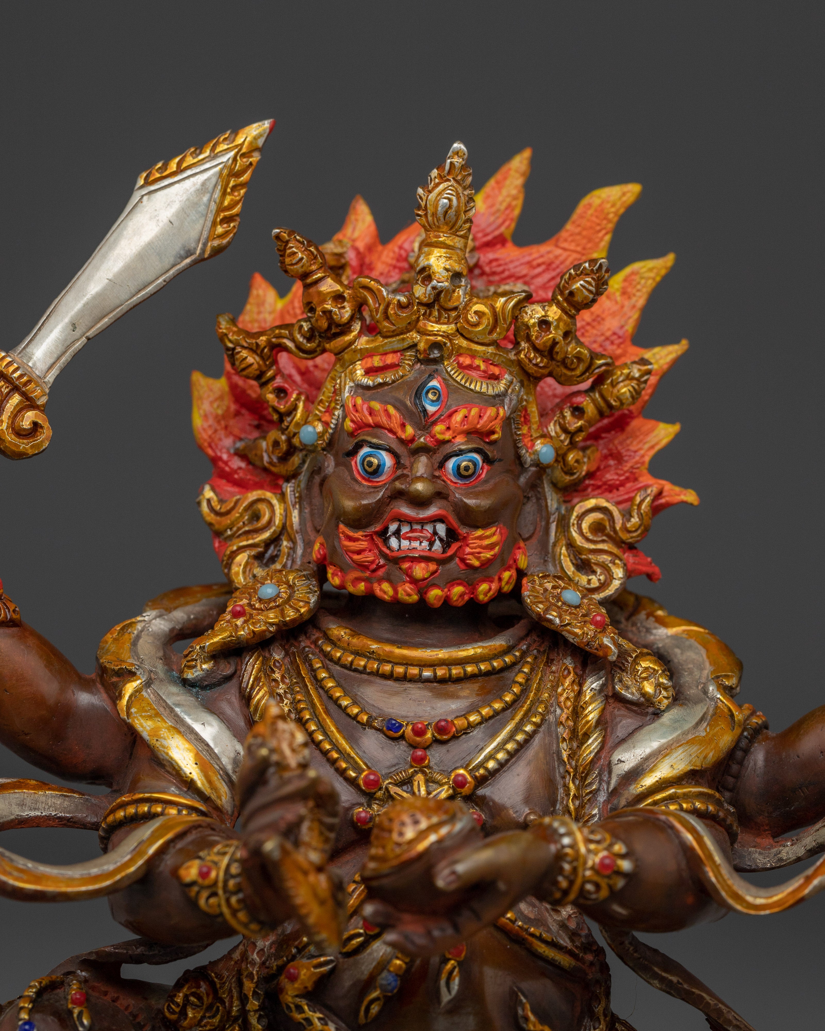Fierce Mahakala Sculpture with Flame Halo | Wrathful Protector Deity
