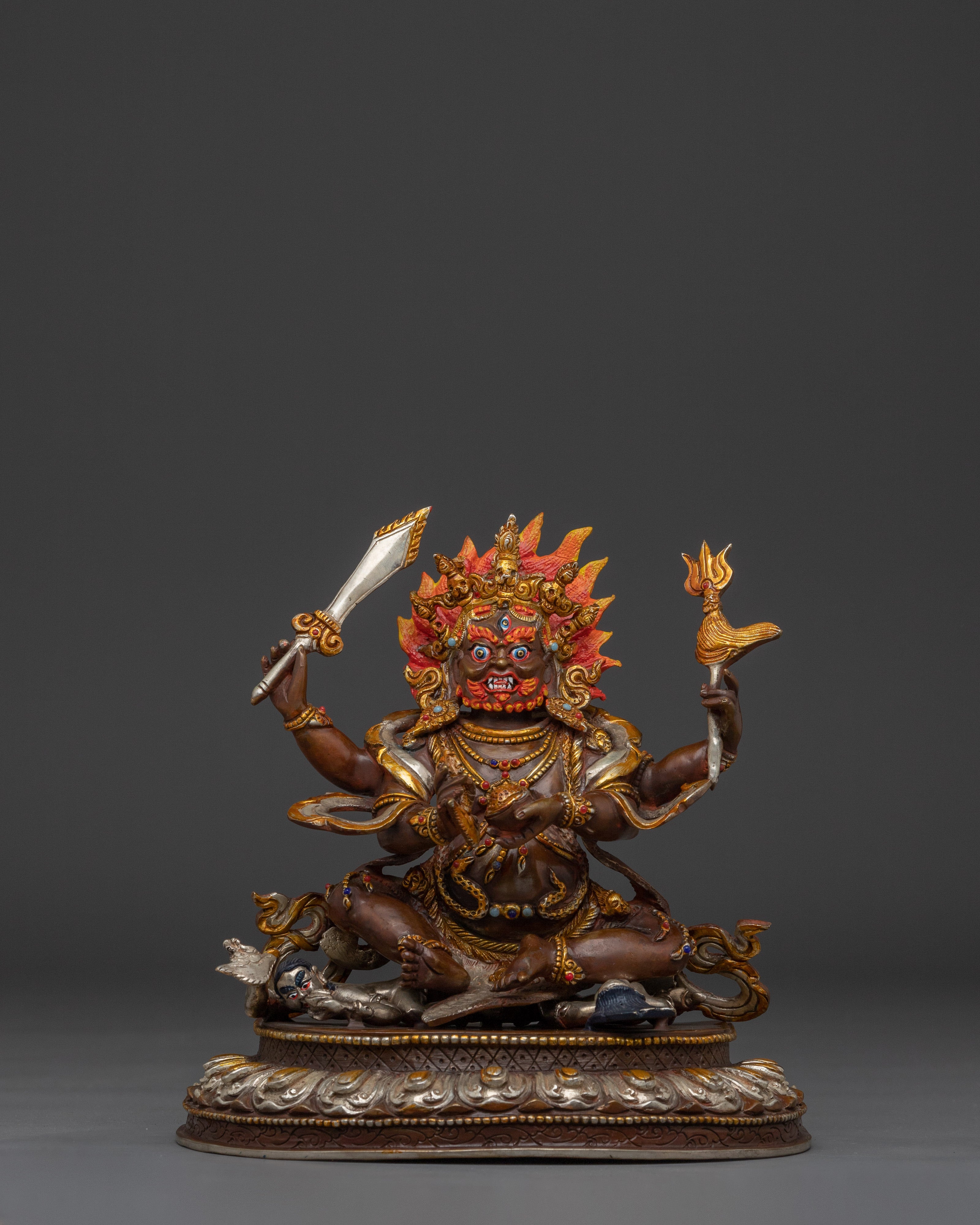 Fierce Mahakala Sculpture with Flame Halo | Wrathful Protector Deity