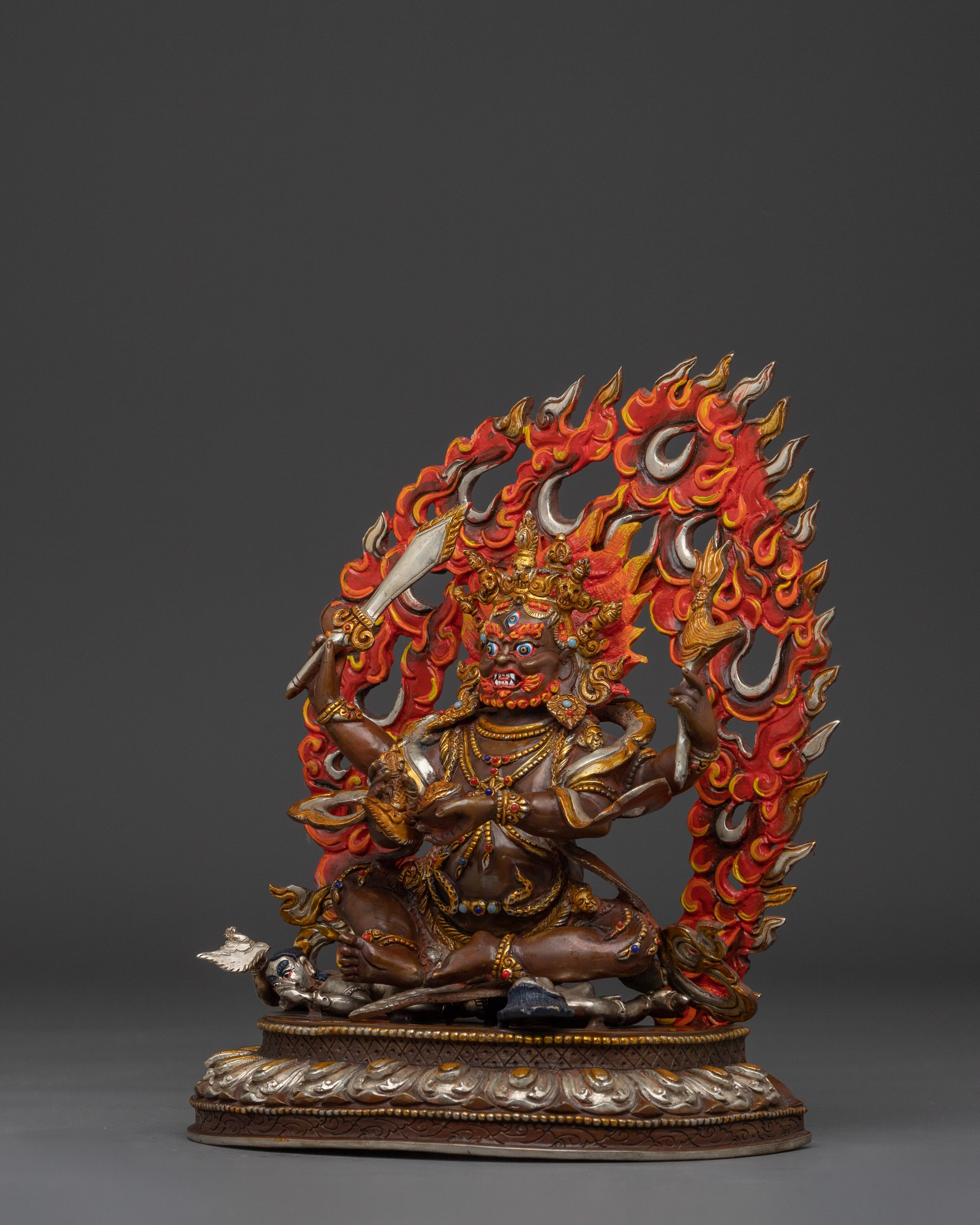 Fierce Mahakala Sculpture with Flame Halo | Wrathful Protector Deity