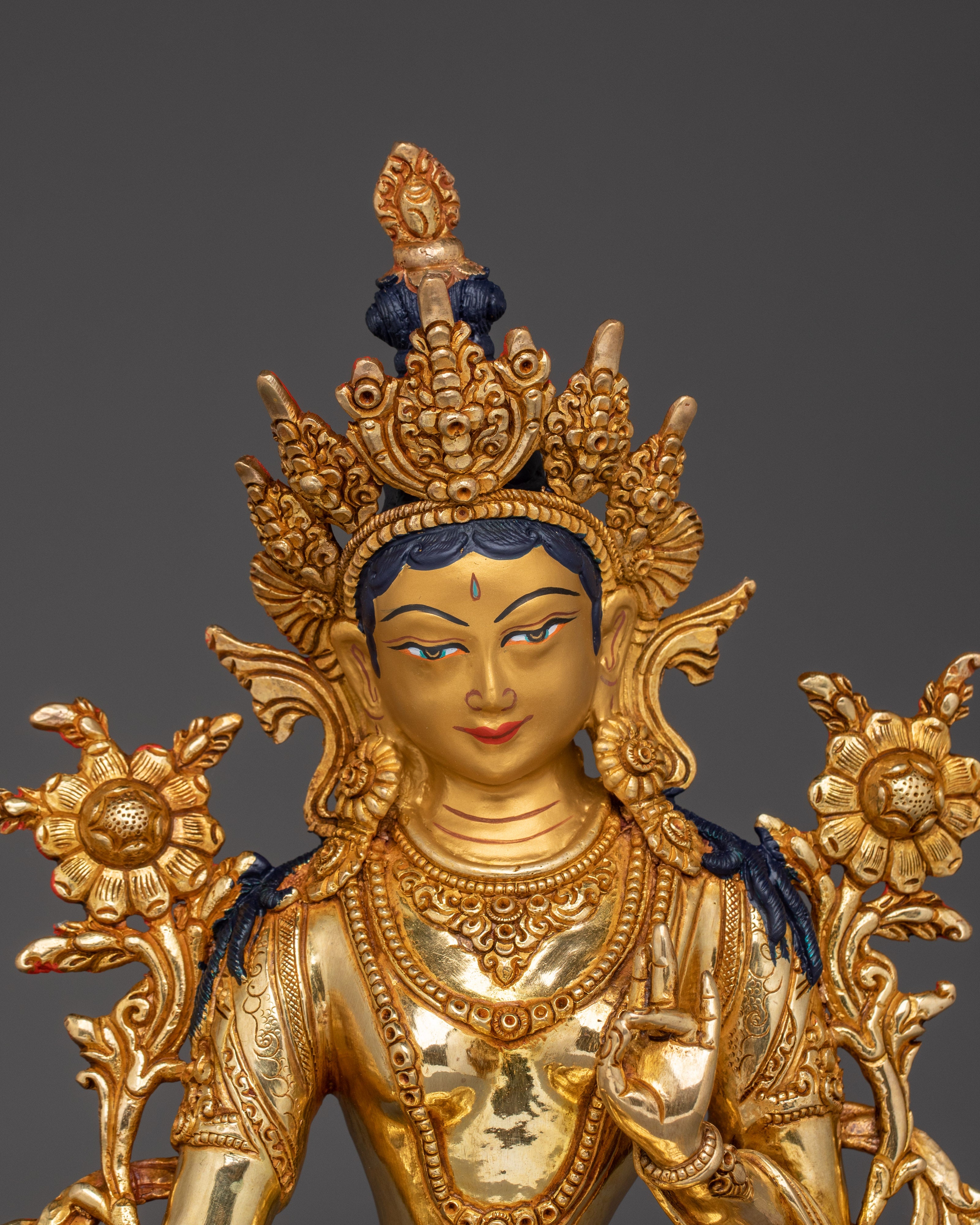 Handcrafted Gold Gilded Green Tara Statue | Compassionate Female Bodhisattva