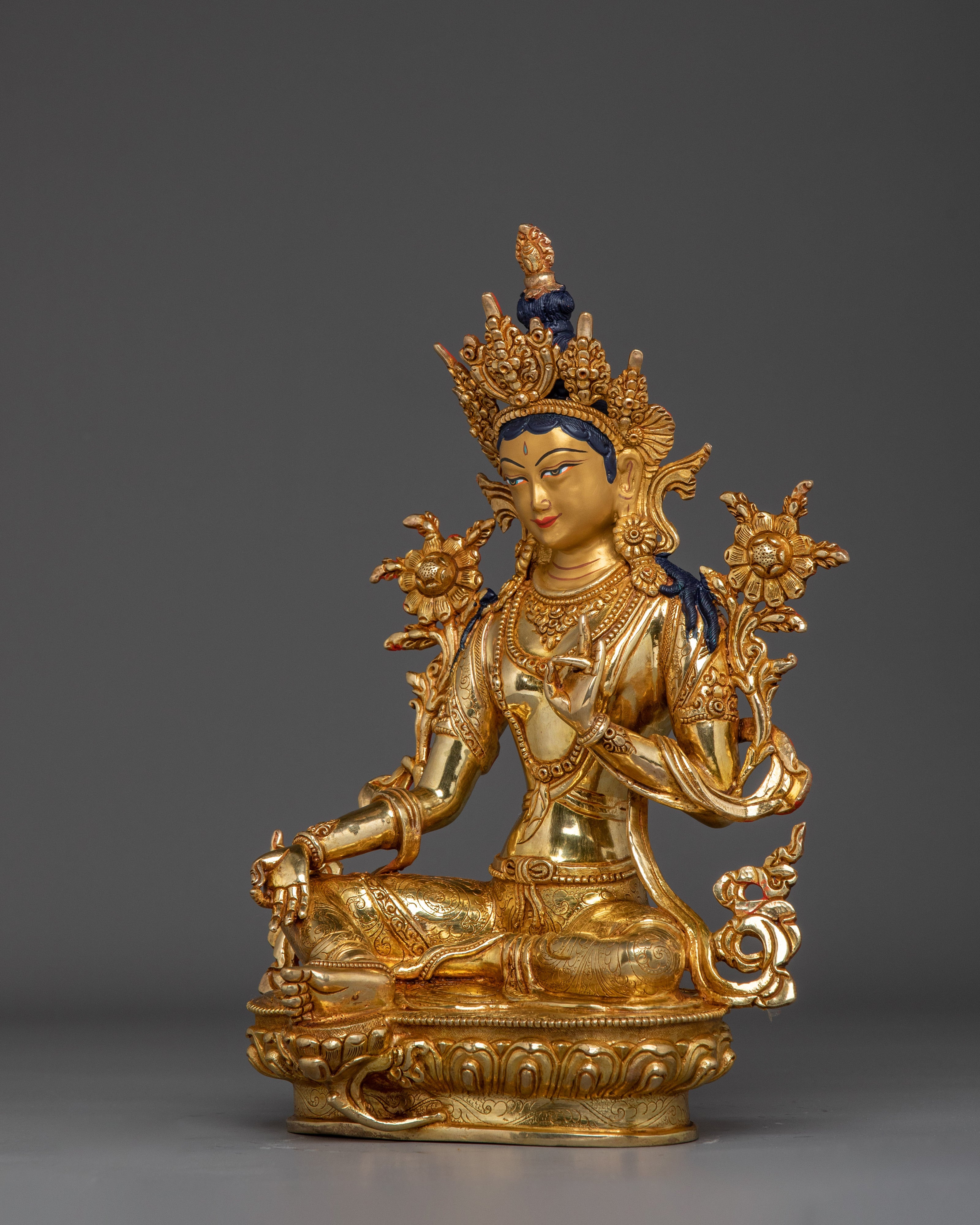 Handcrafted Gold Gilded Green Tara Statue | Compassionate Female Bodhisattva