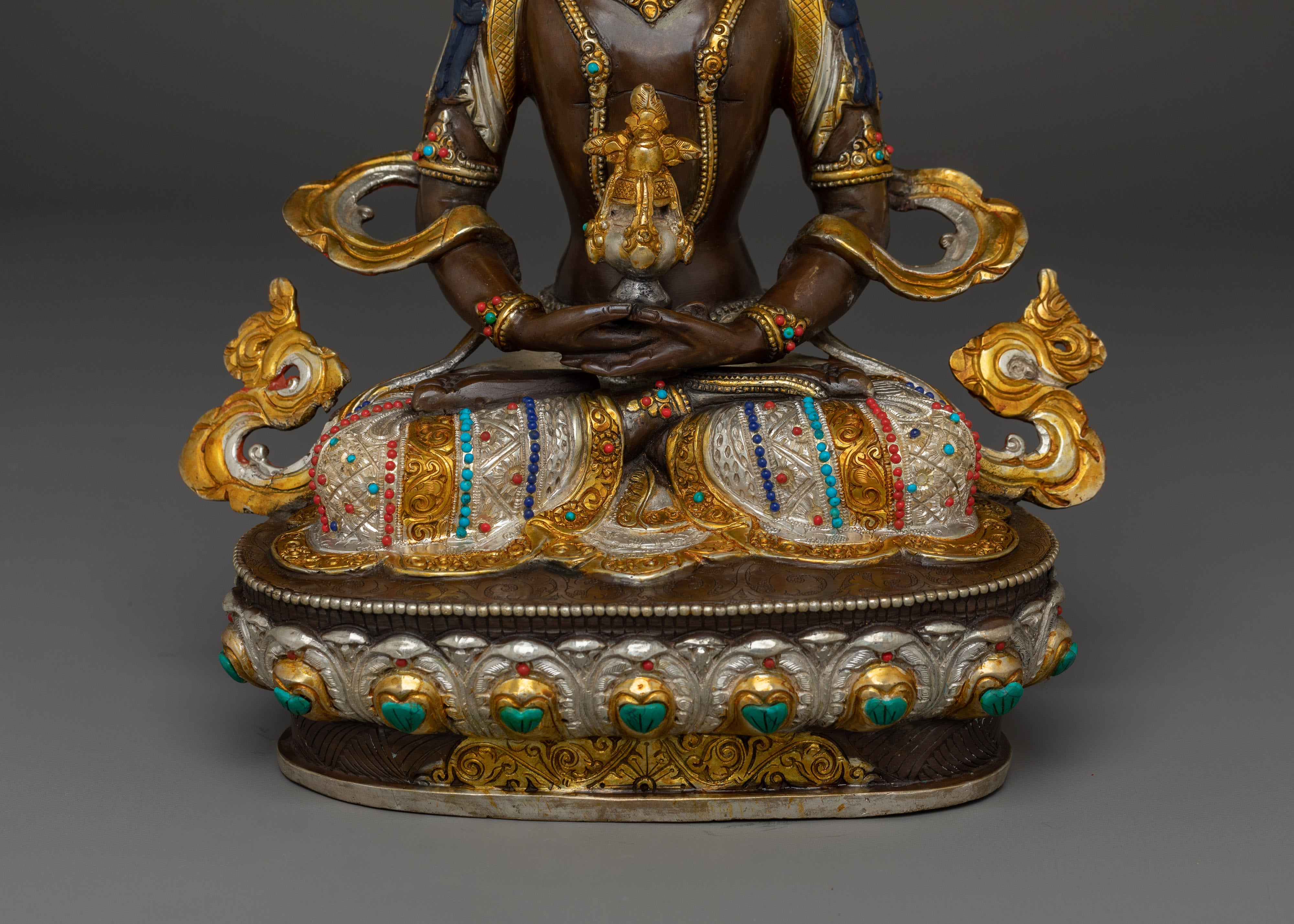 Amitayus Copper Statue with 24K Gold Gilding | Silver Plated Spiritual Art