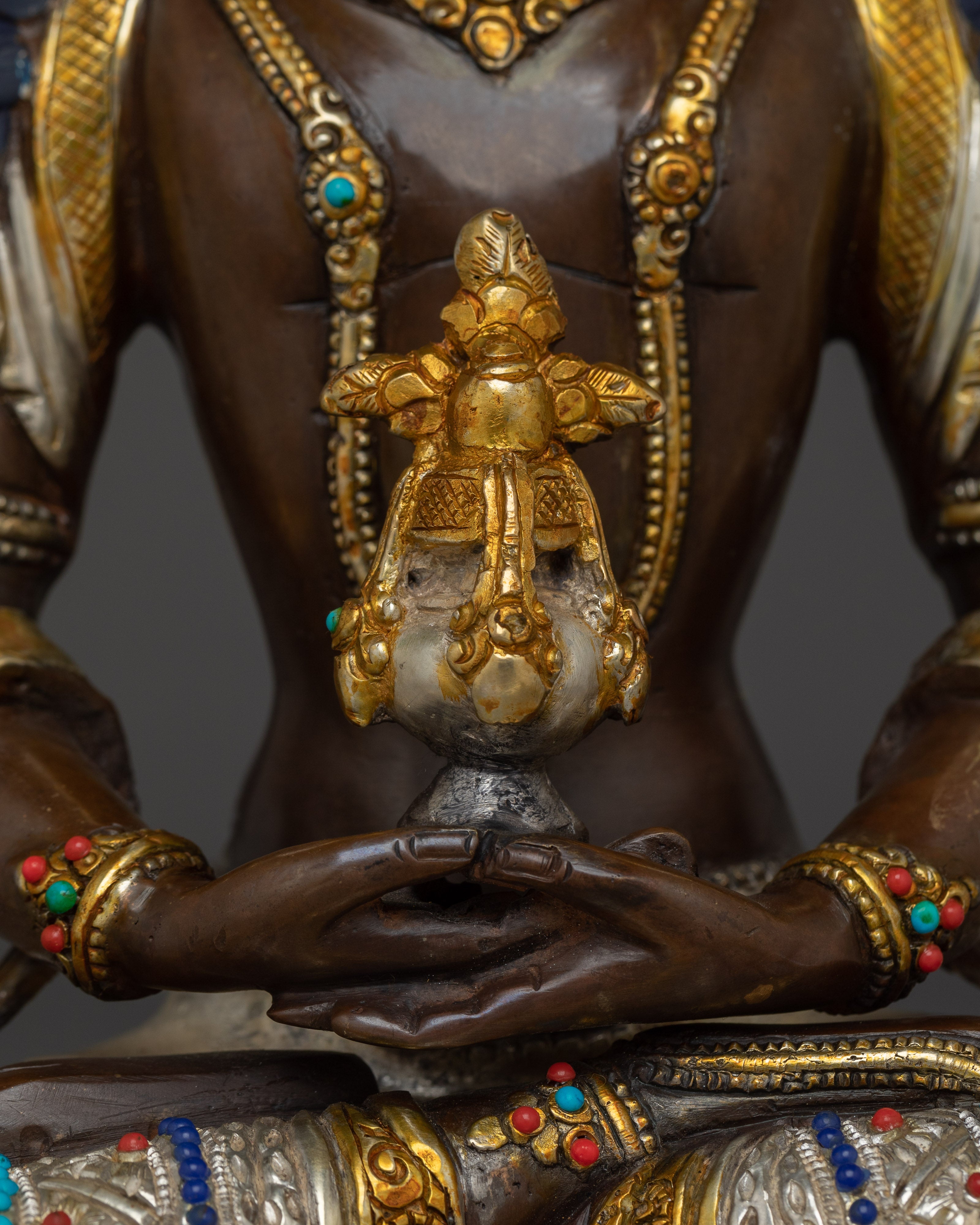 Amitayus Copper Statue with 24K Gold Gilding | Silver Plated Spiritual Art