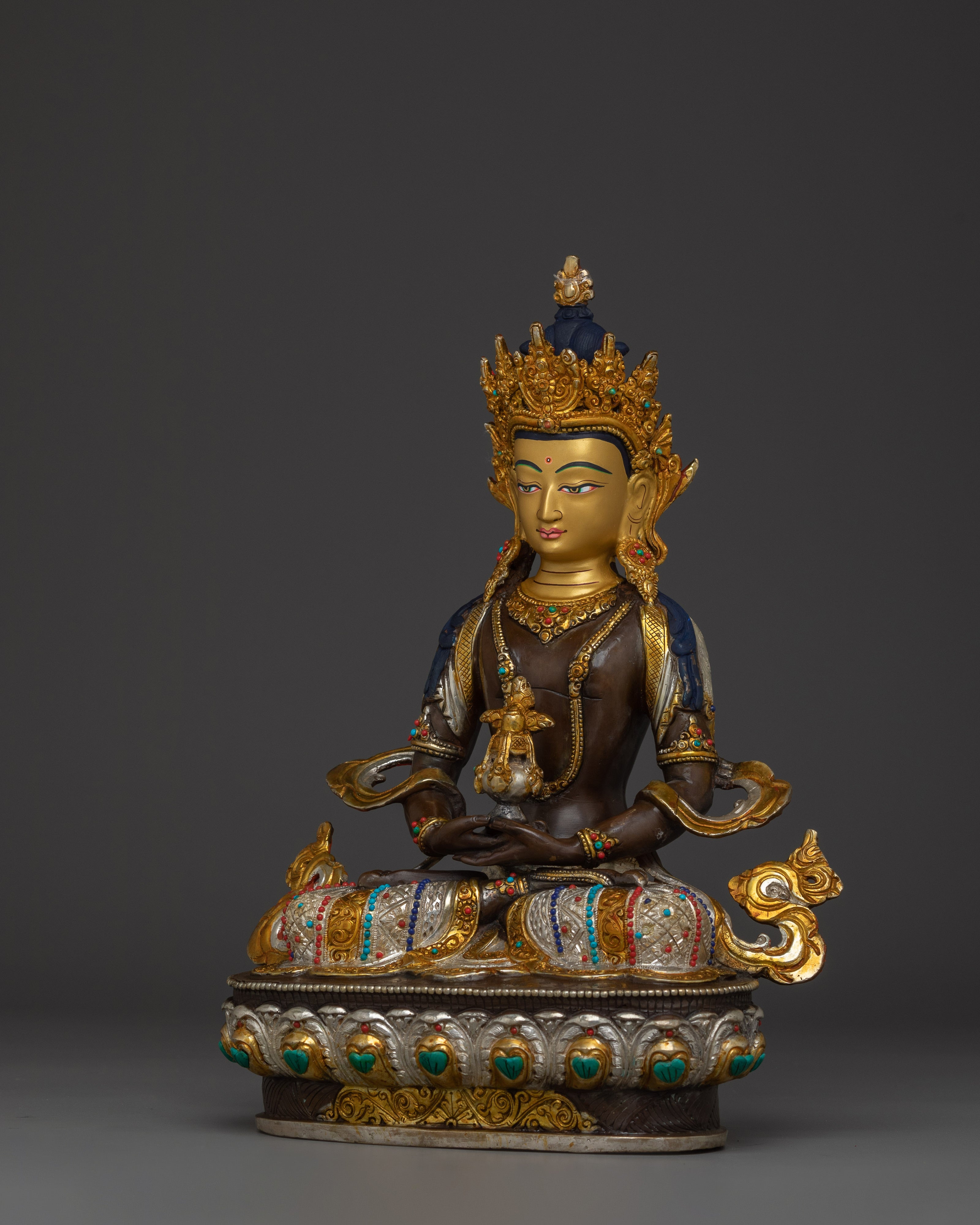 Amitayus Copper Statue with 24K Gold Gilding | Silver Plated Spiritual Art