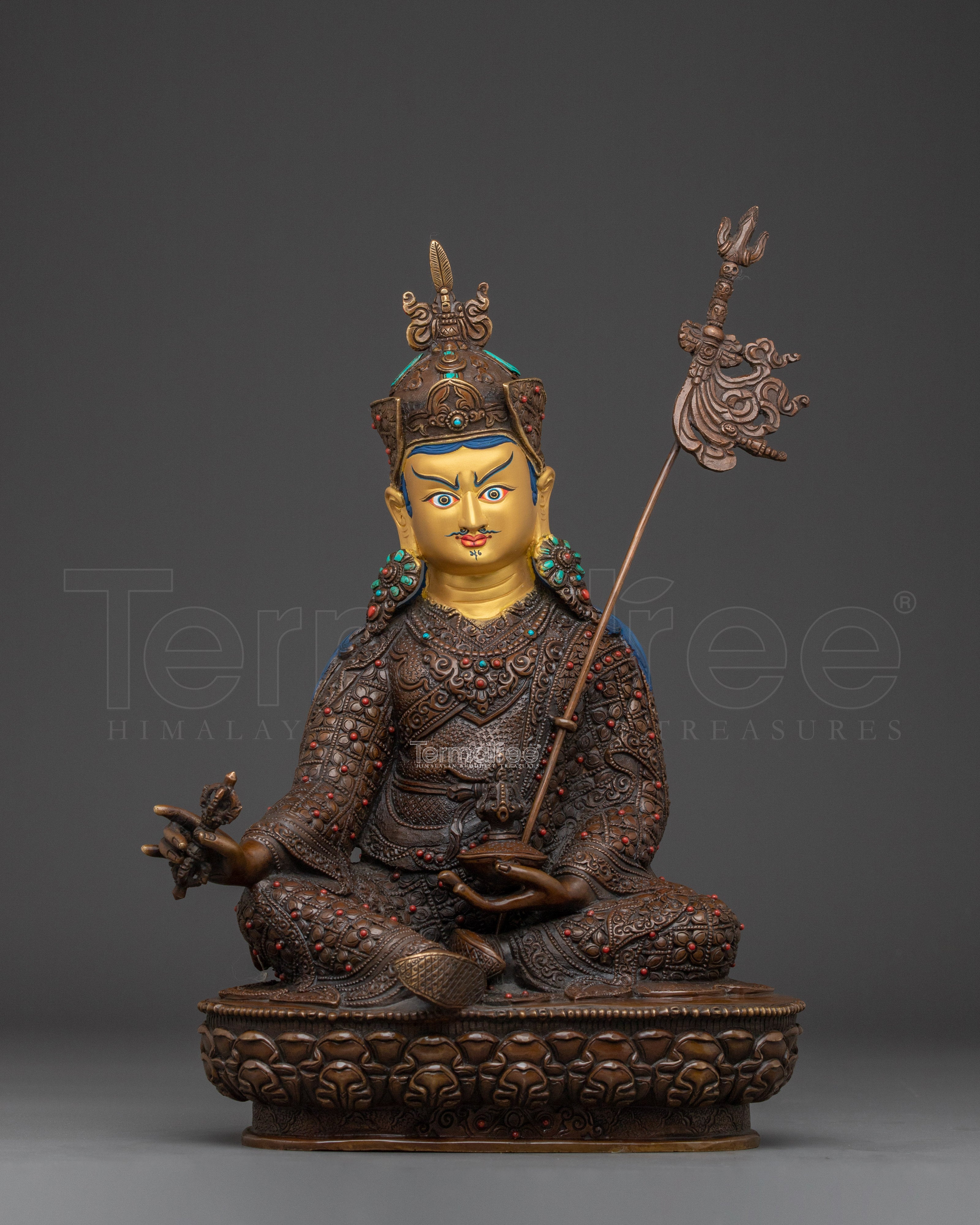 Guru Rinpoche 24K Gold Gilded Statue | Copper Tibetan Deity Sculpture