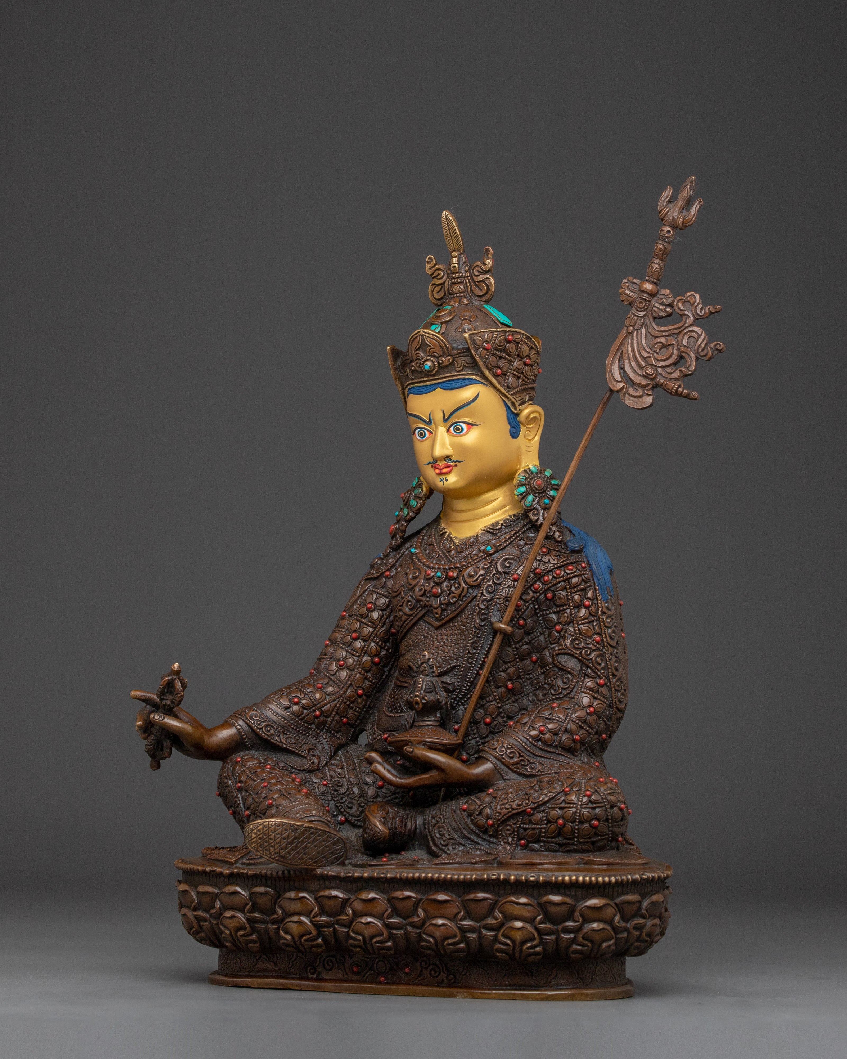 Guru Rinpoche 24K Gold Gilded Statue | Copper Tibetan Deity Sculpture