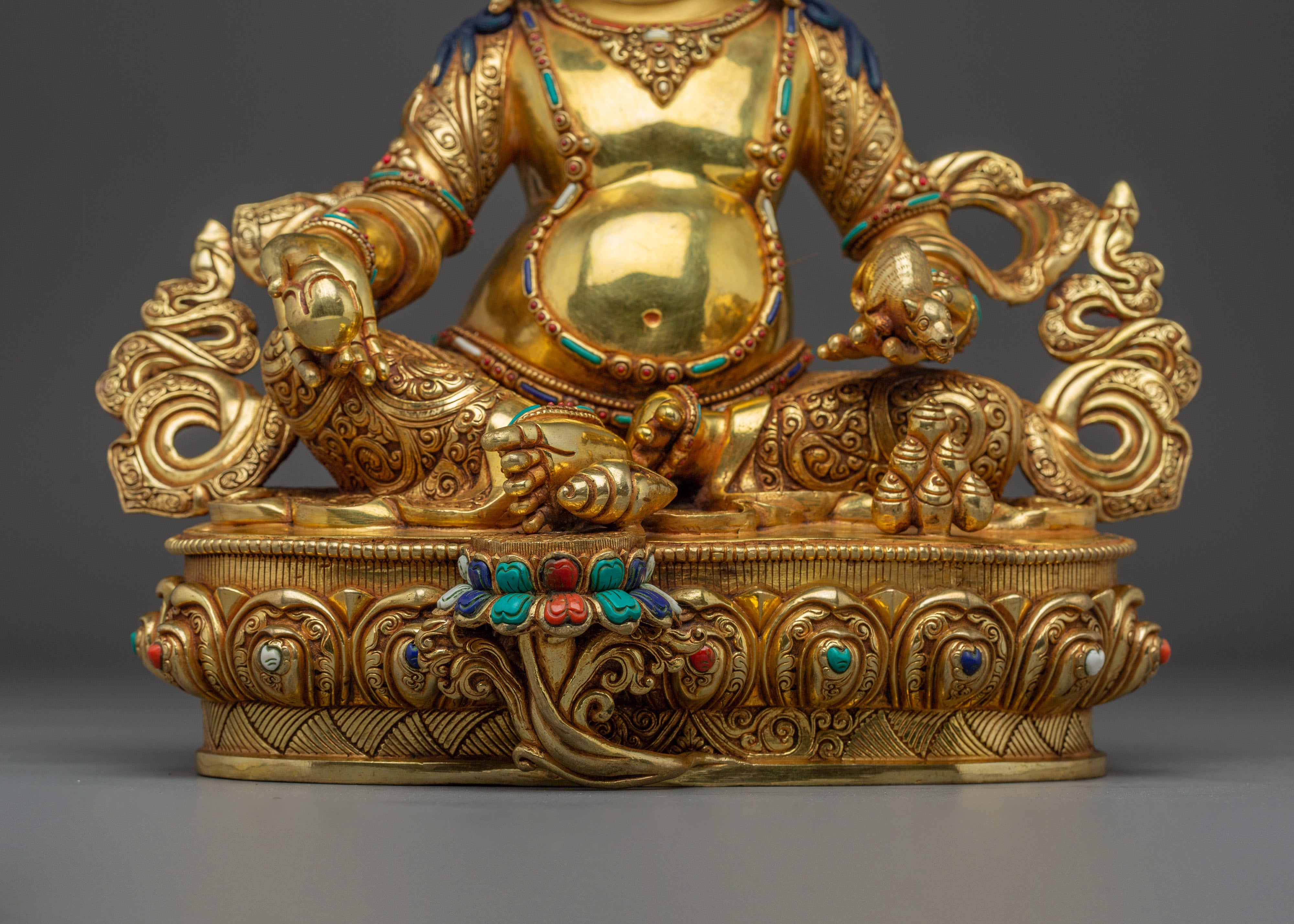 Dzambhala with Gemstone Inlays | Copper Sculpture of the Wealth Deity