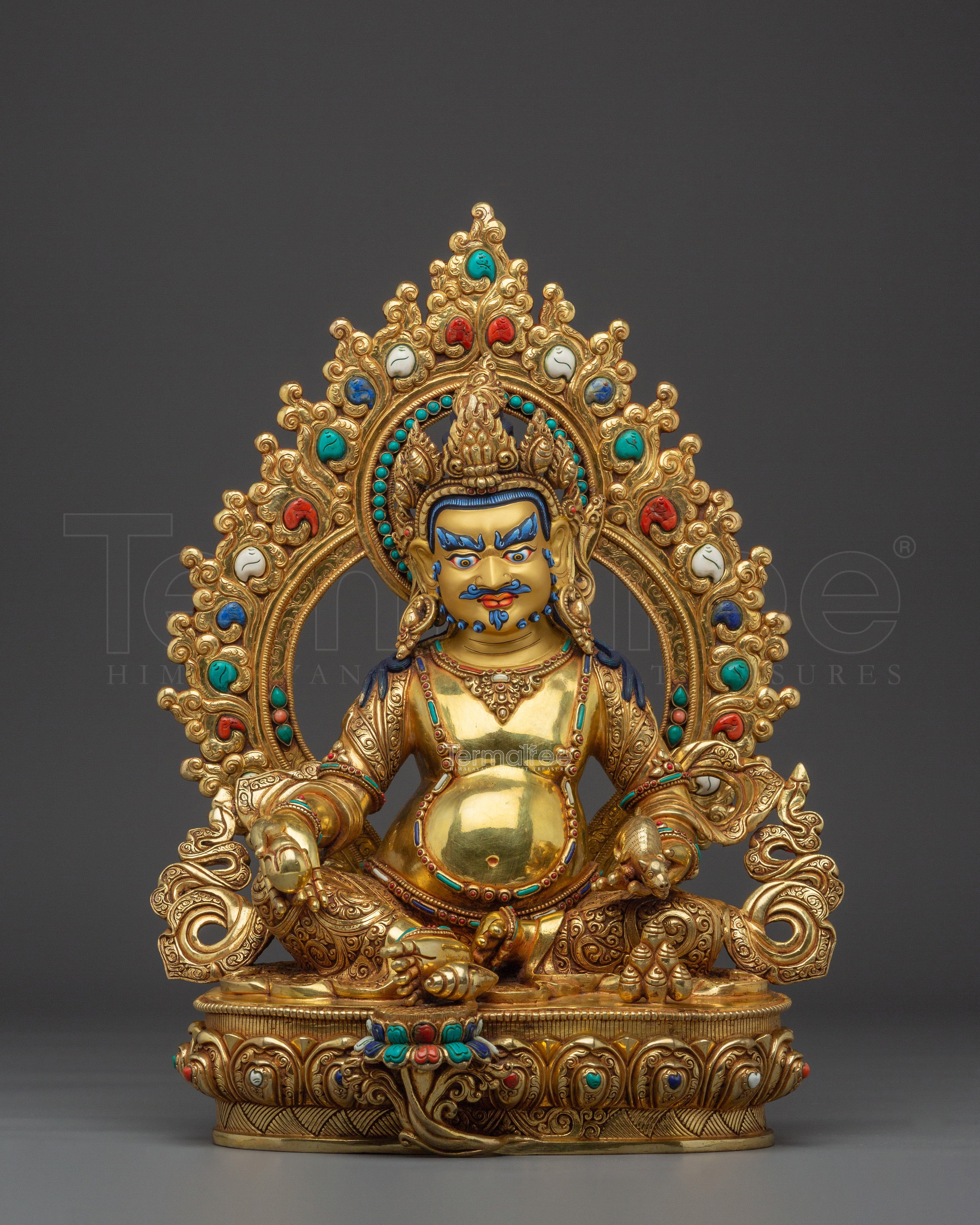 Dzambhala with Gemstone Inlays | Copper Sculpture of the Wealth Deity