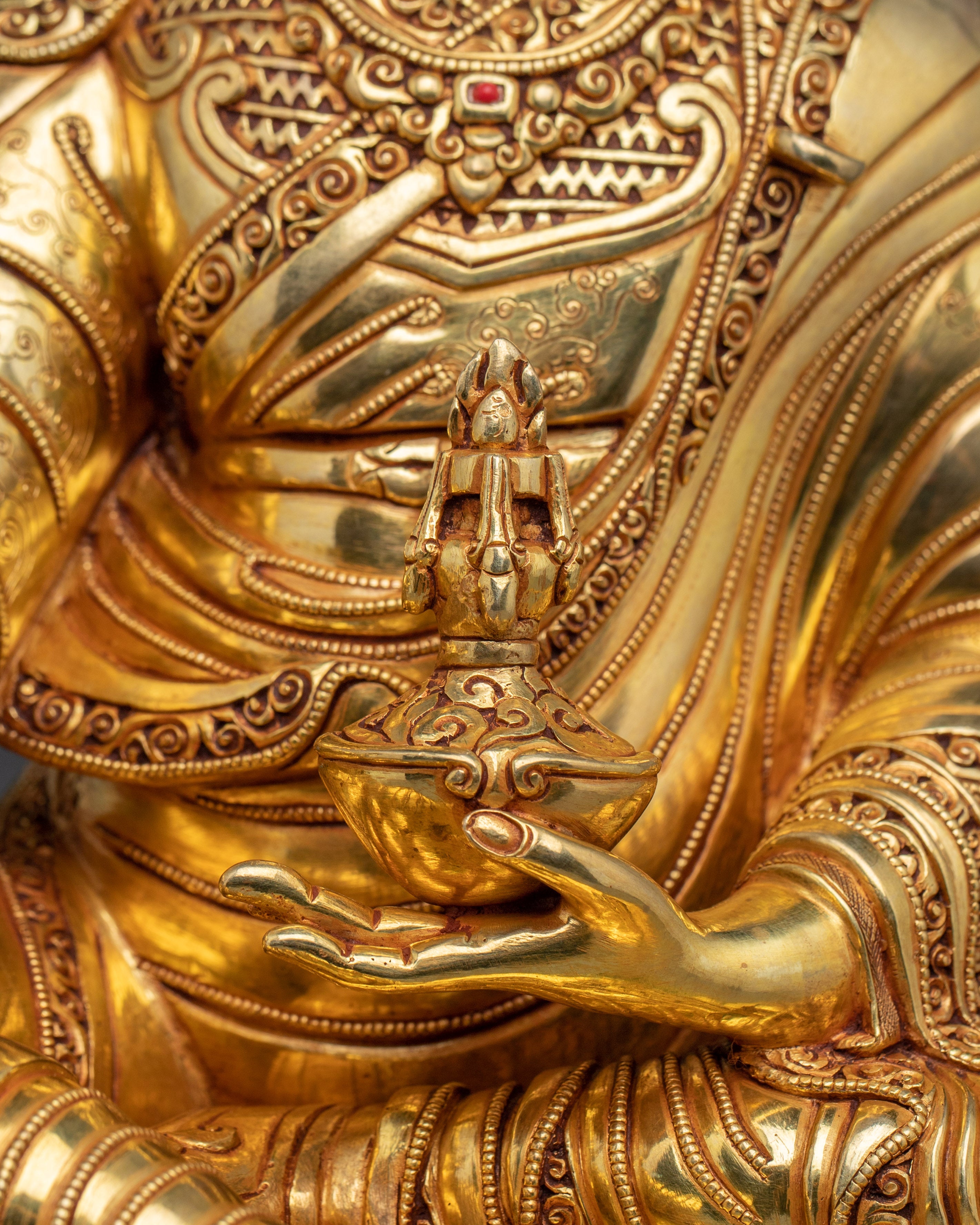 24K Gold-Gilded Guru Rinpoche Statue | Sacred Copper Sculpture of Padmasambhava for Shrine