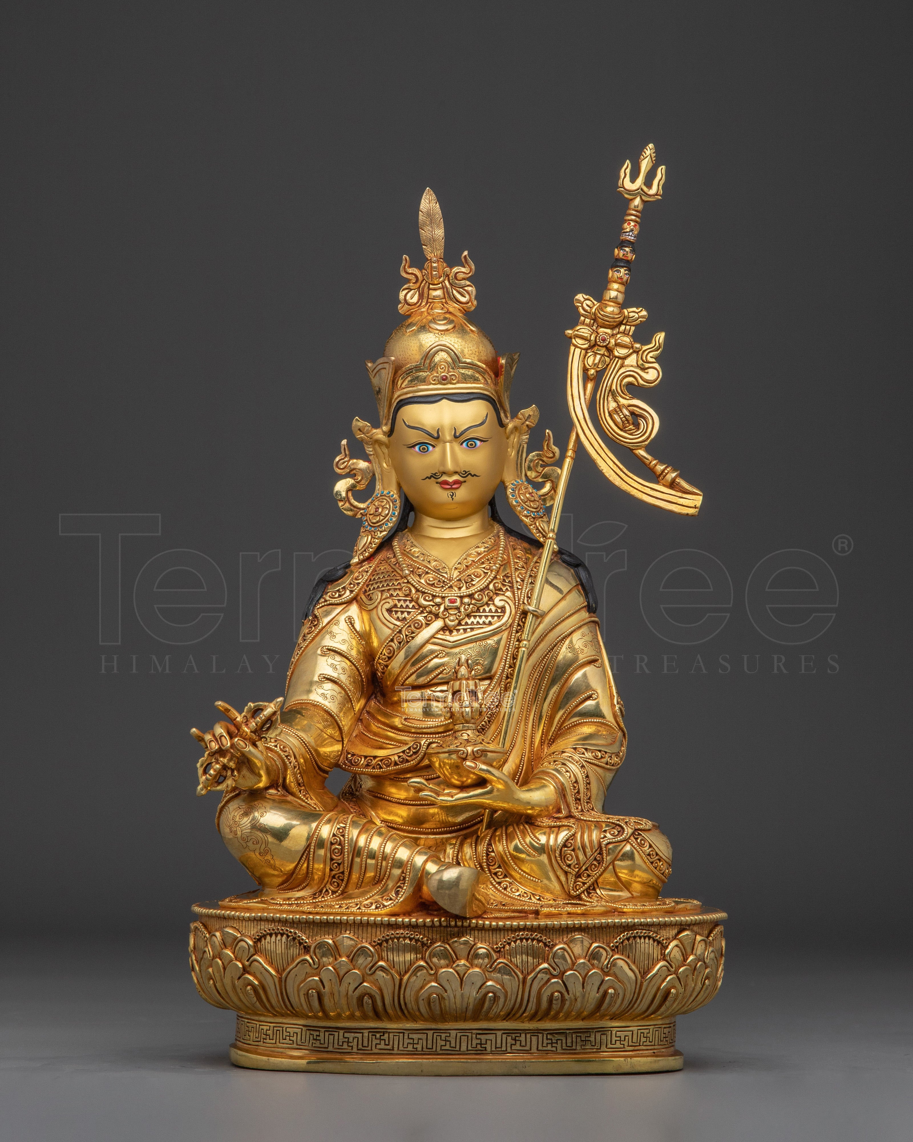 24K Gold-Gilded Guru Rinpoche Statue | Sacred Copper Sculpture of Padmasambhava for Shrine