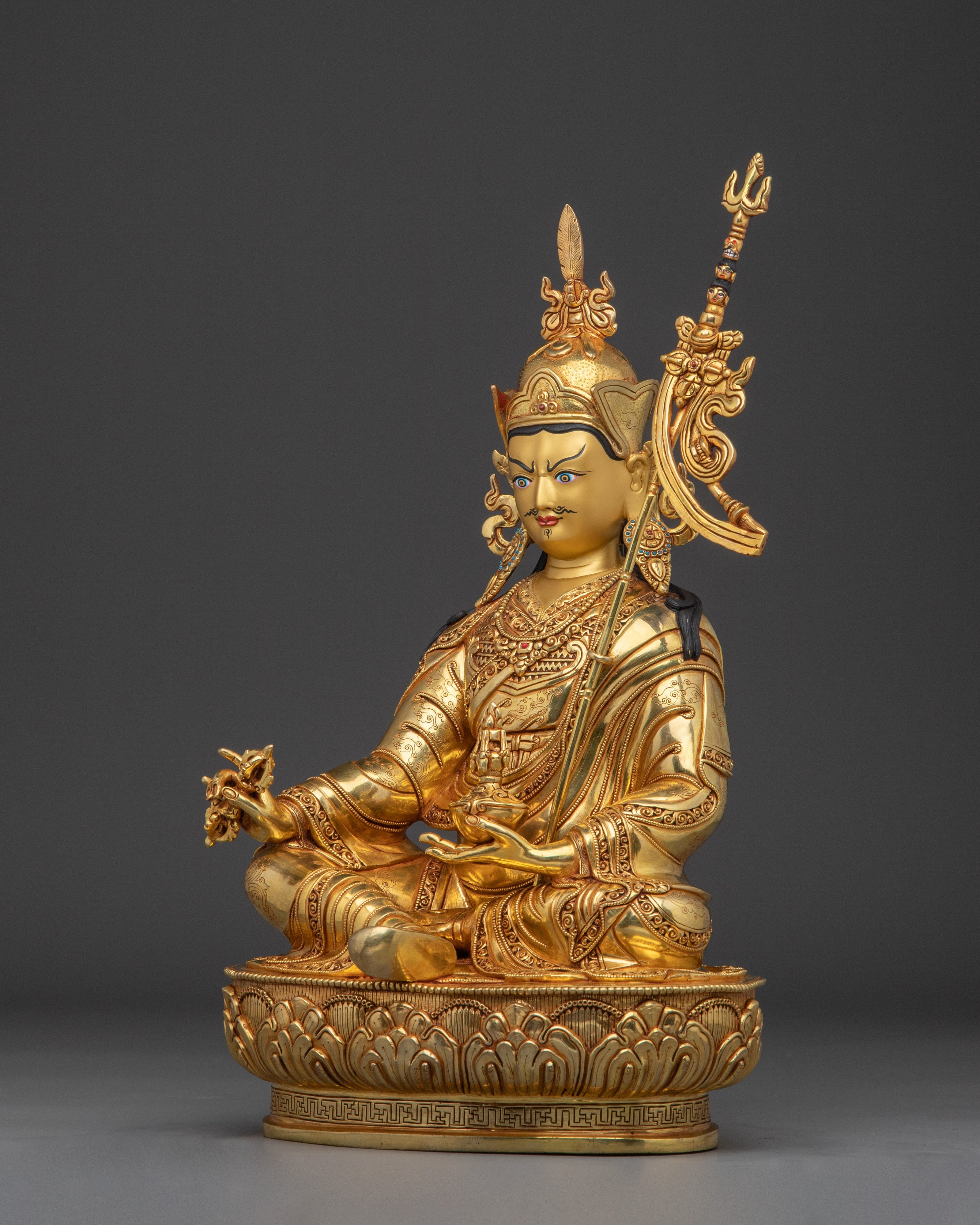 24K Gold-Gilded Guru Rinpoche Statue | Sacred Copper Sculpture of Padmasambhava for Shrine