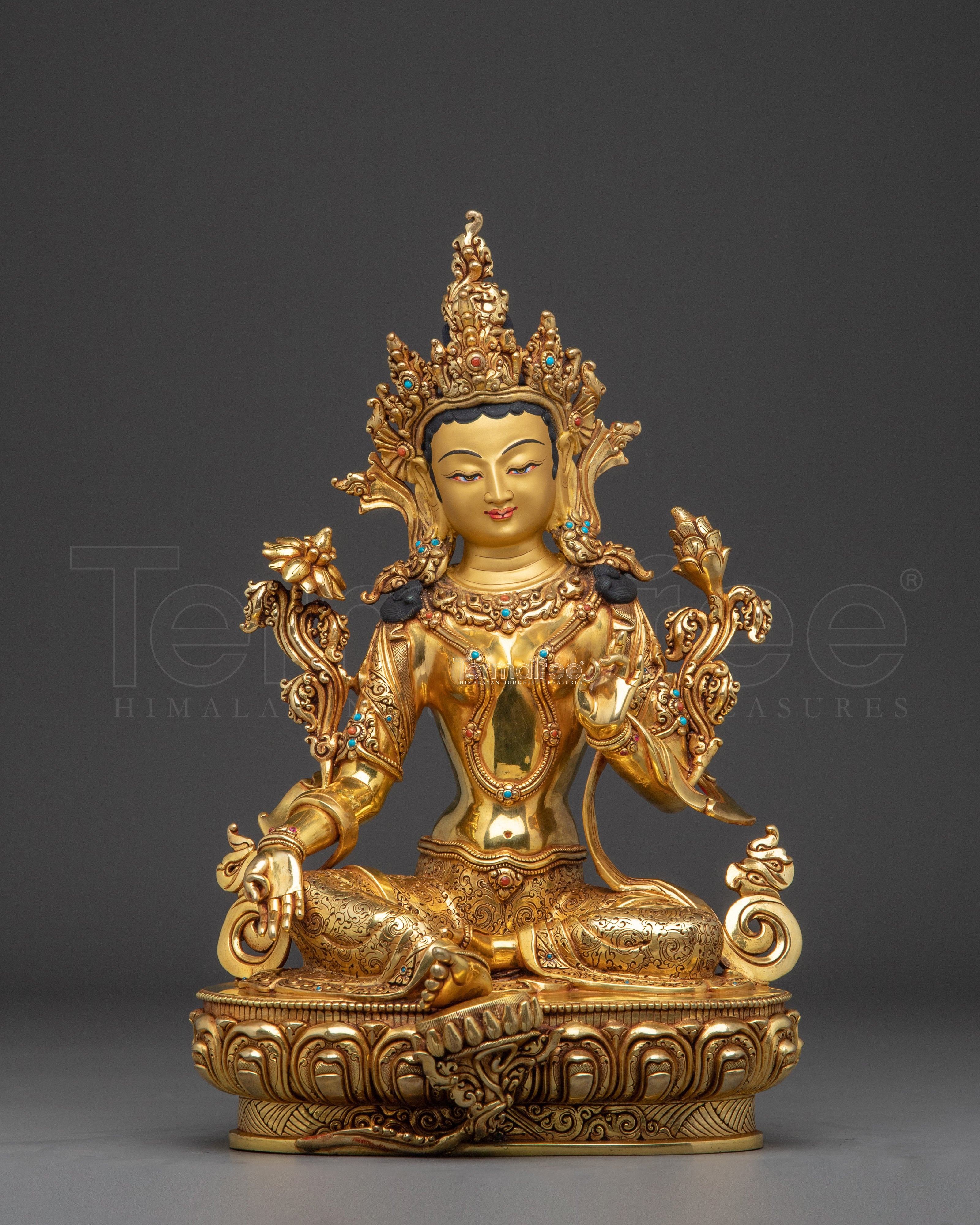 Elegant 24K gold-gilded Green Tara statue | Copper Sculpture of the Divine Feminine