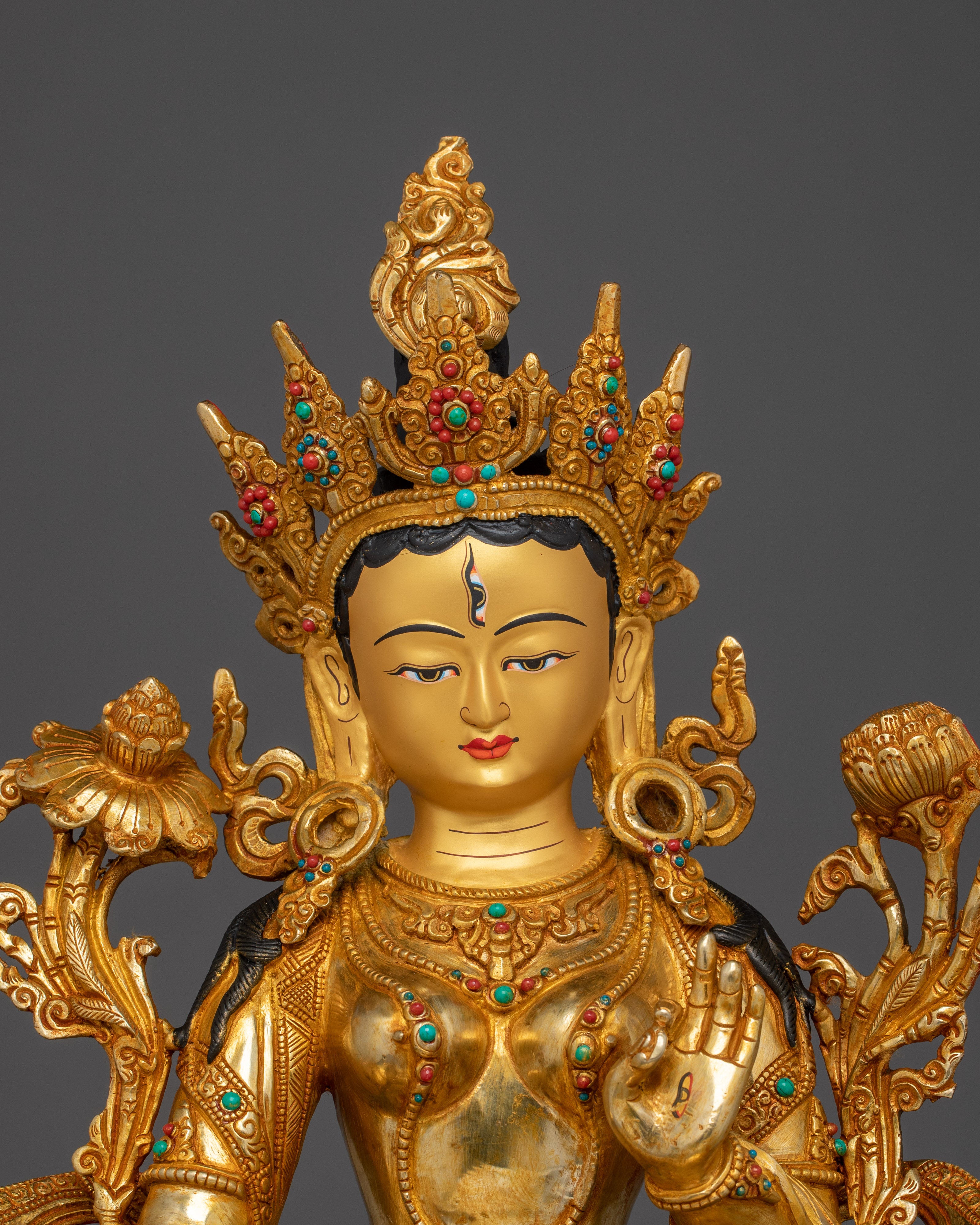 Handcrafted White Tara with Gemstones | Copper Sculpture of Healing & Longevity