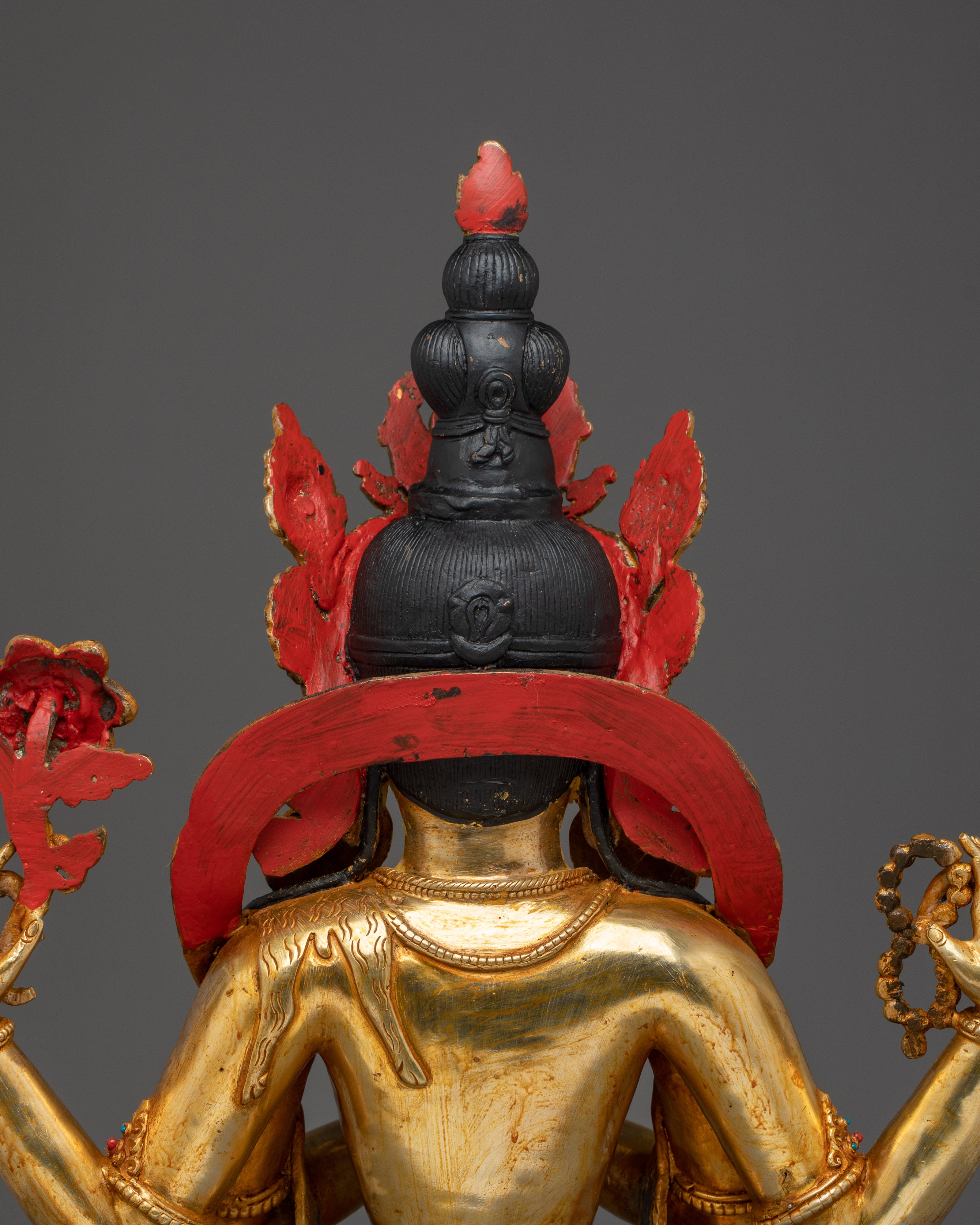 Tibetan Four-Armed Avalokiteshvara Copper Statue | Chenrezig statue with gemstone