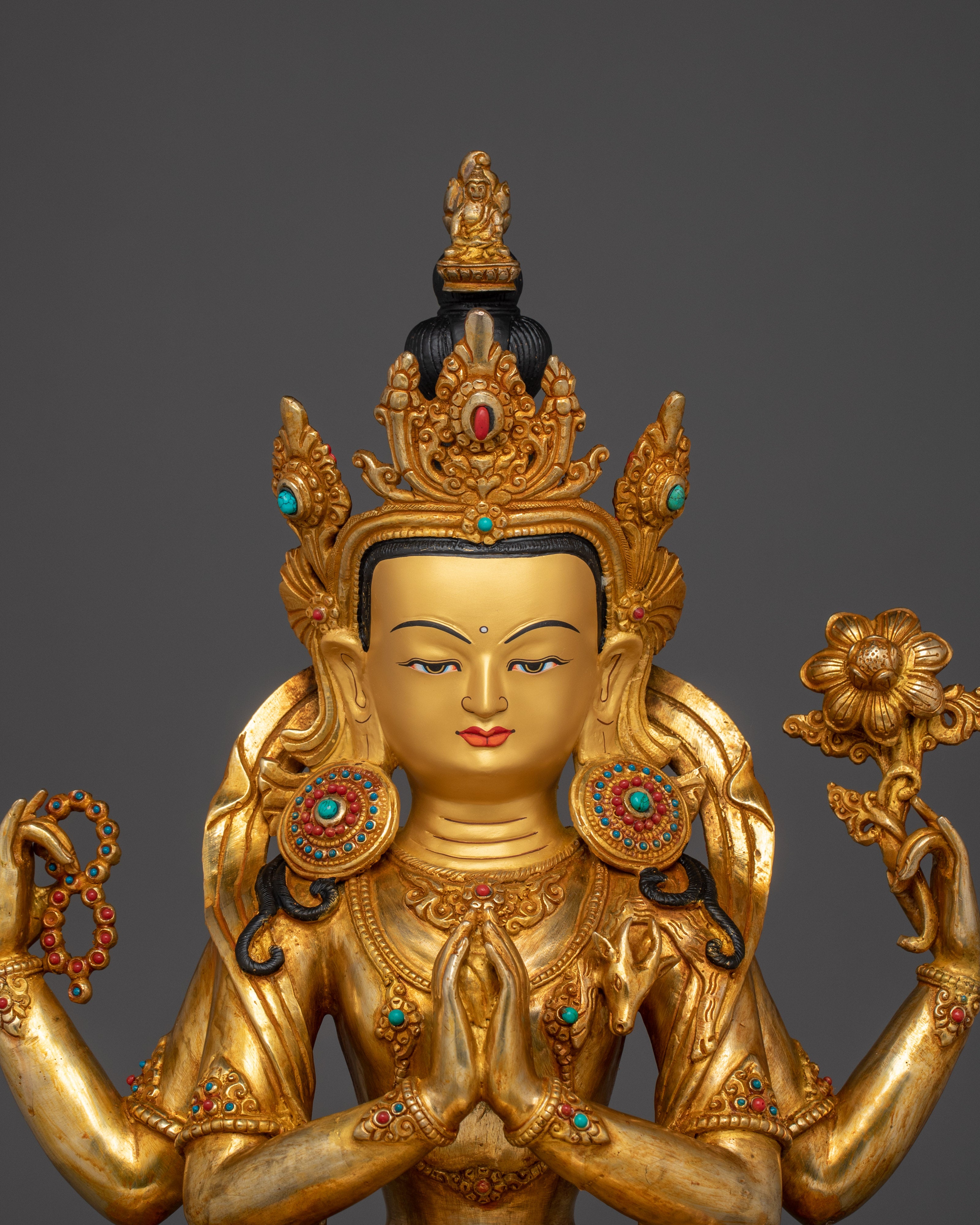Tibetan Four-Armed Avalokiteshvara Copper Statue | Chenrezig statue with gemstone