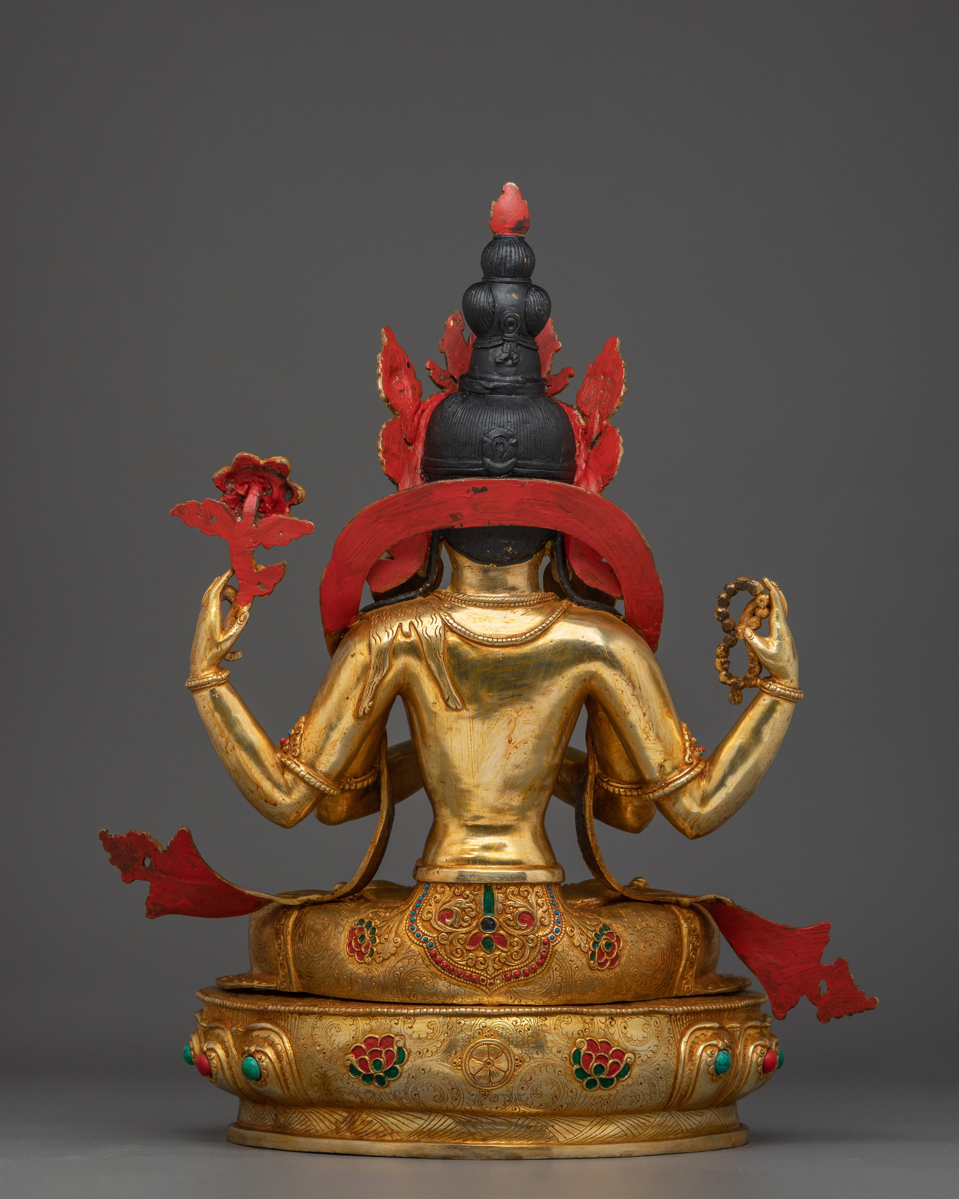 Tibetan Four-Armed Avalokiteshvara Copper Statue | Chenrezig statue with gemstone