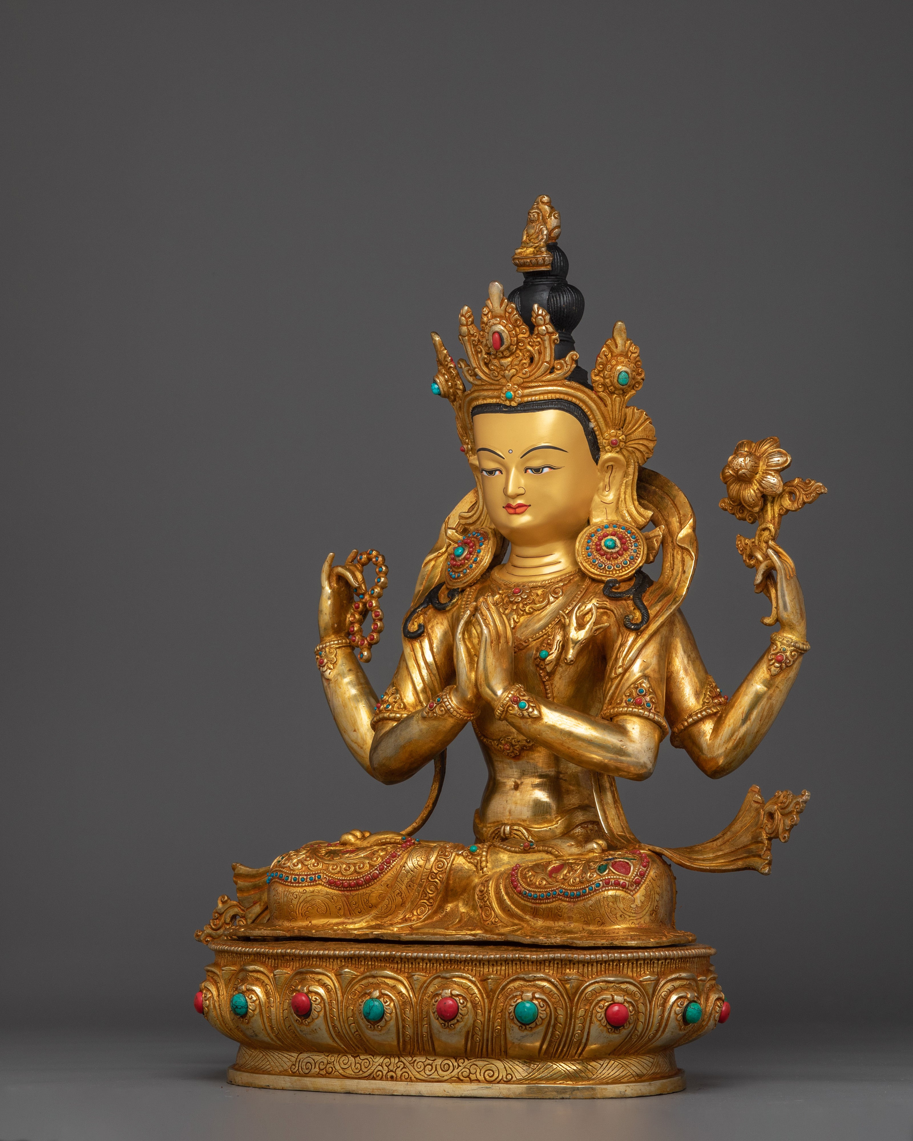 Tibetan Four-Armed Avalokiteshvara Copper Statue | Chenrezig statue with gemstone