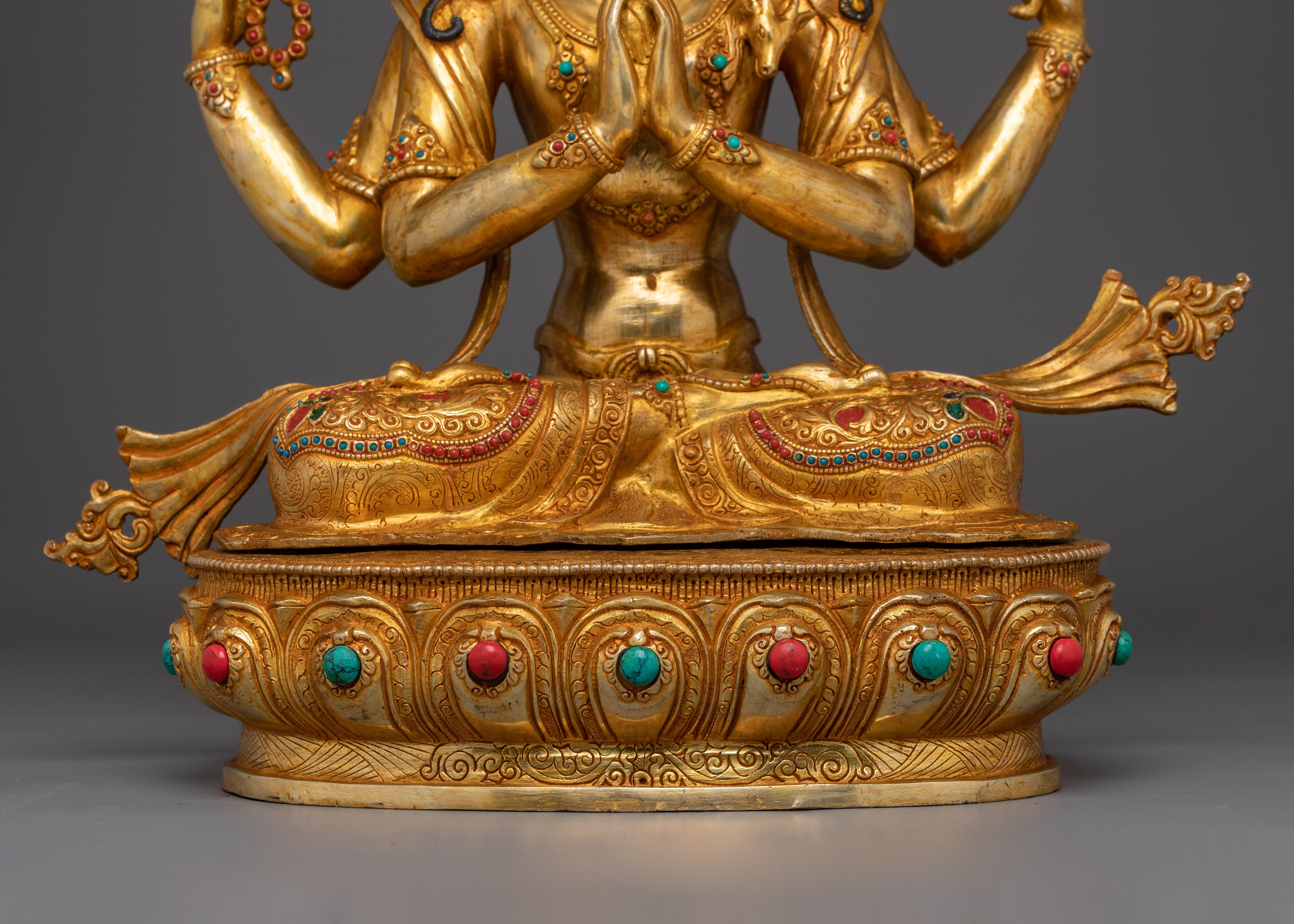 Tibetan Four-Armed Avalokiteshvara Copper Statue | Chenrezig statue with gemstone