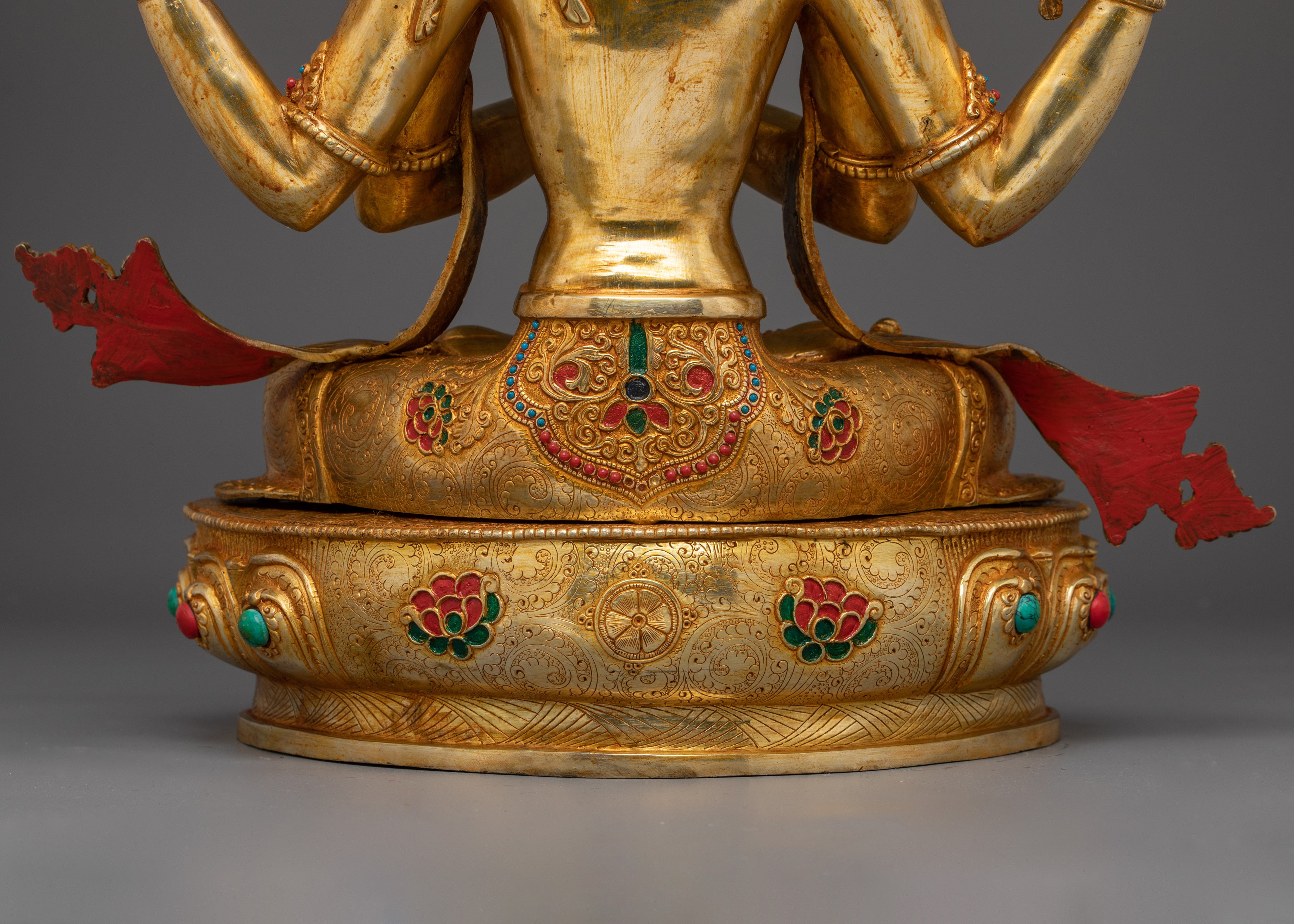 Tibetan Four-Armed Avalokiteshvara Copper Statue | Chenrezig statue with gemstone