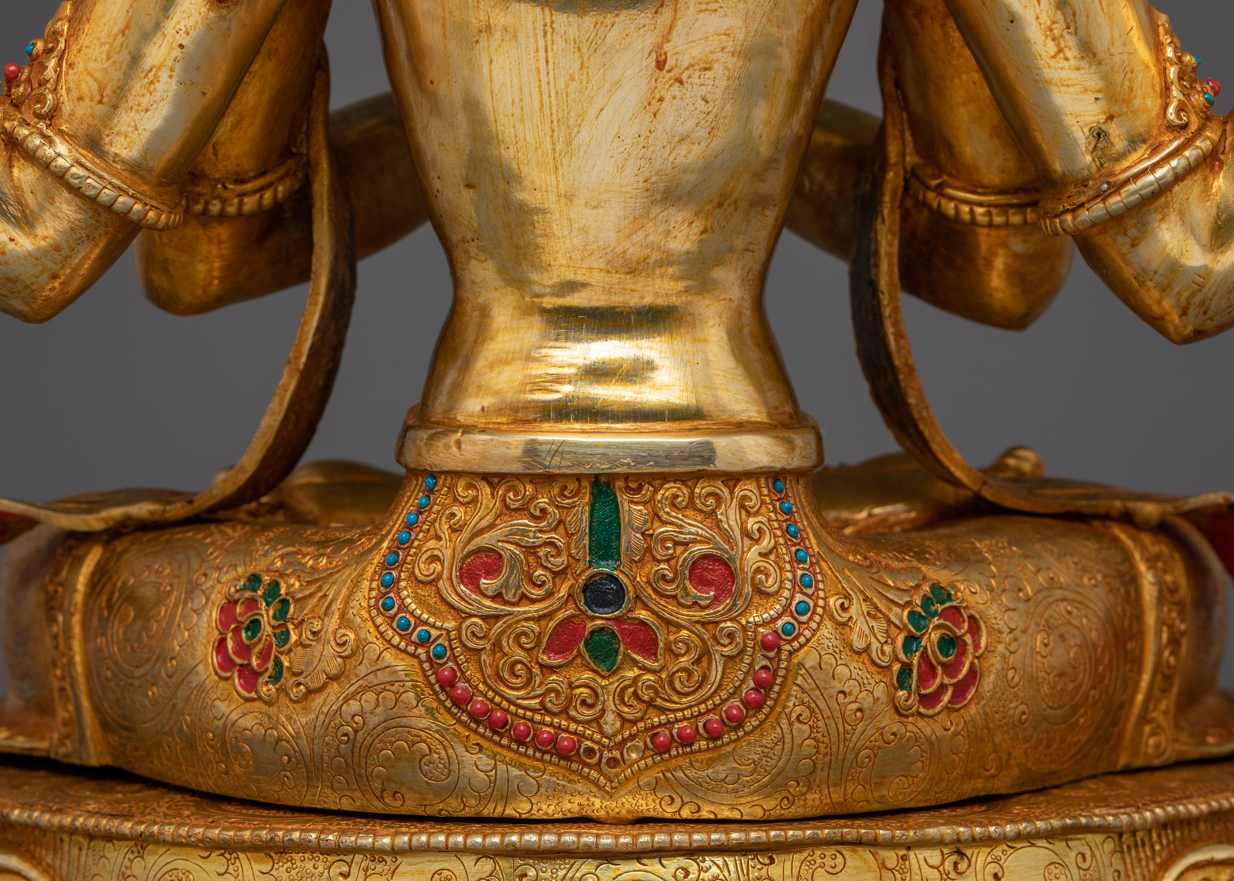 Tibetan Four-Armed Avalokiteshvara Copper Statue | Chenrezig statue with gemstone