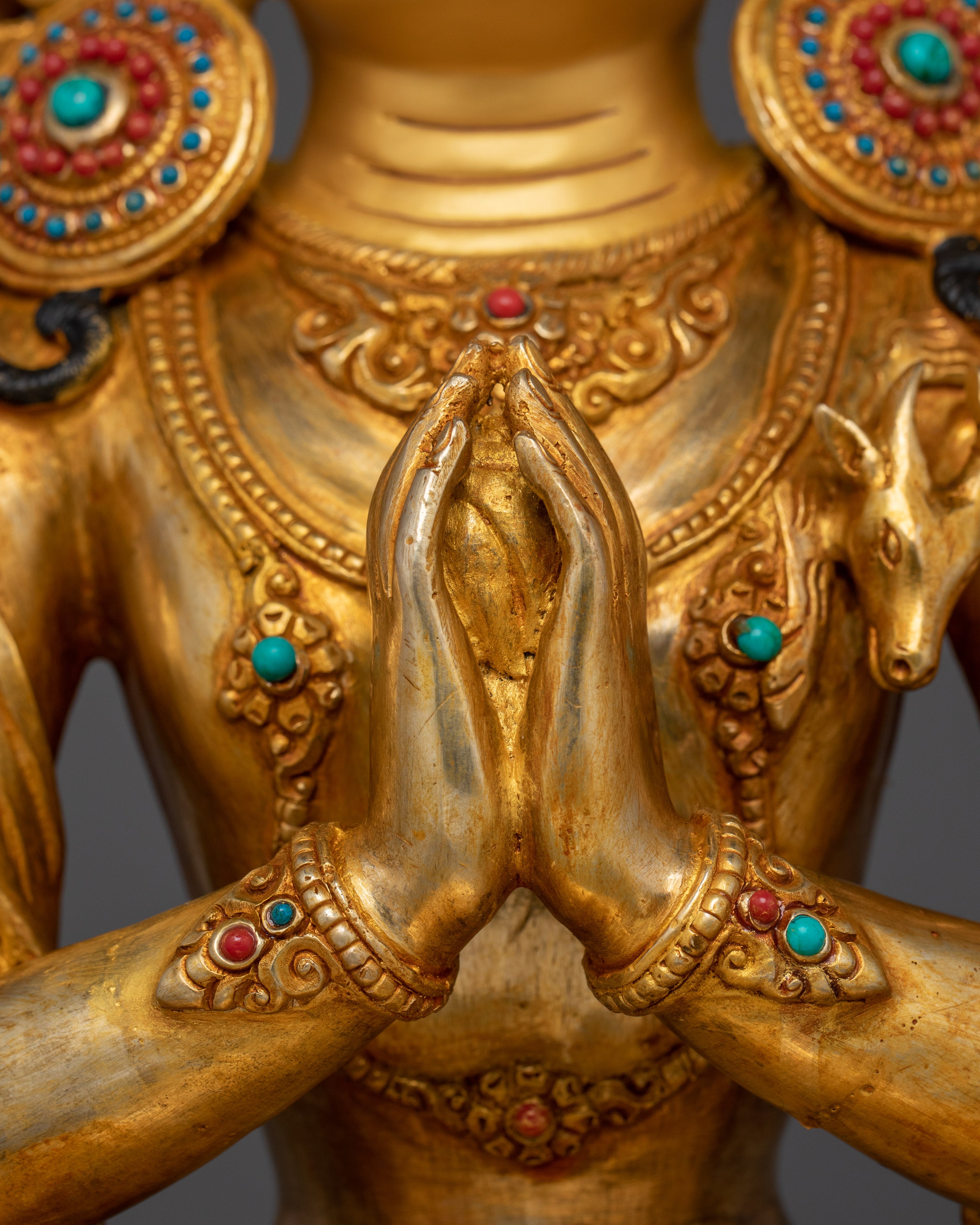 Tibetan Four-Armed Avalokiteshvara Copper Statue | Chenrezig statue with gemstone