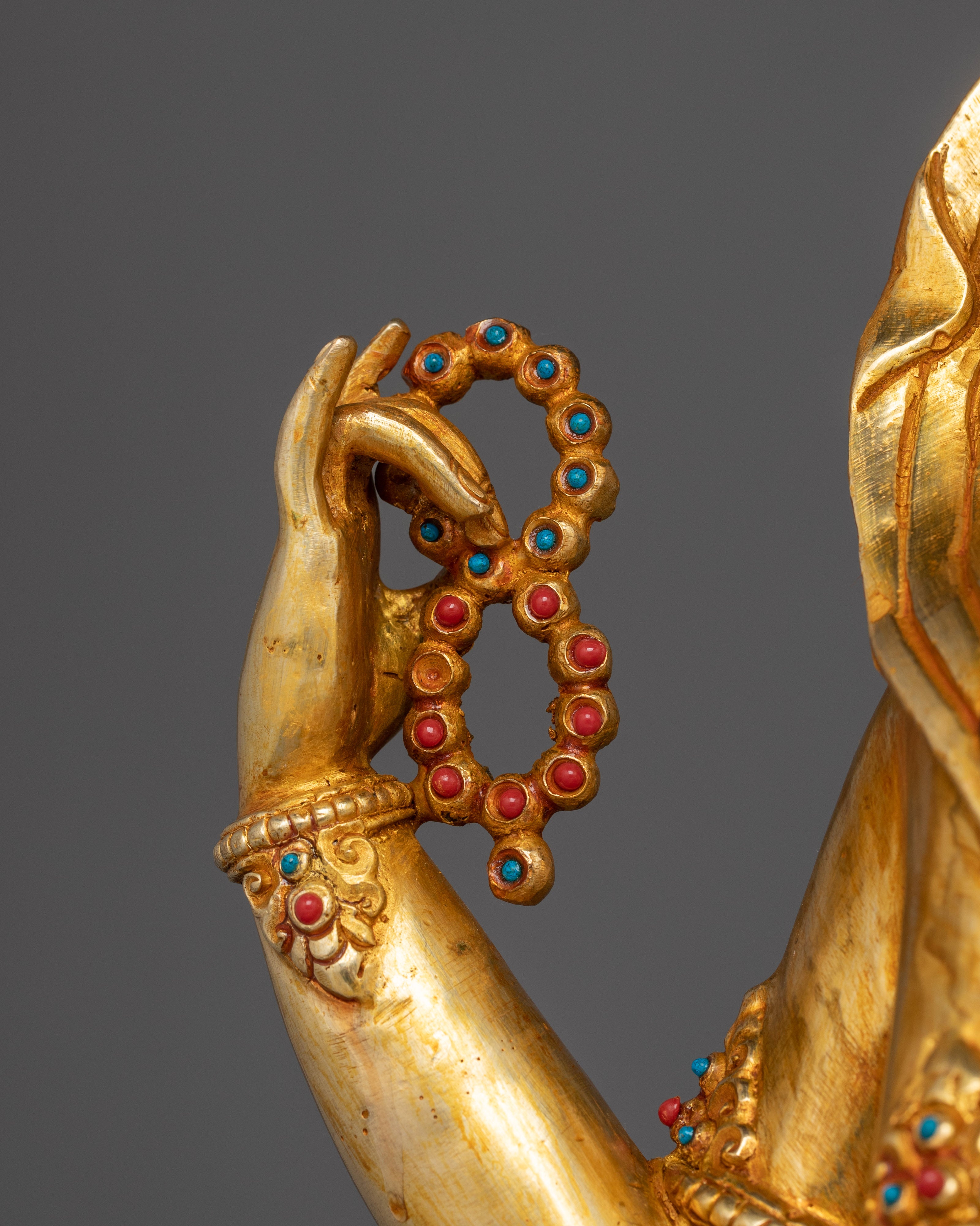 Tibetan Four-Armed Avalokiteshvara Copper Statue | Chenrezig statue with gemstone