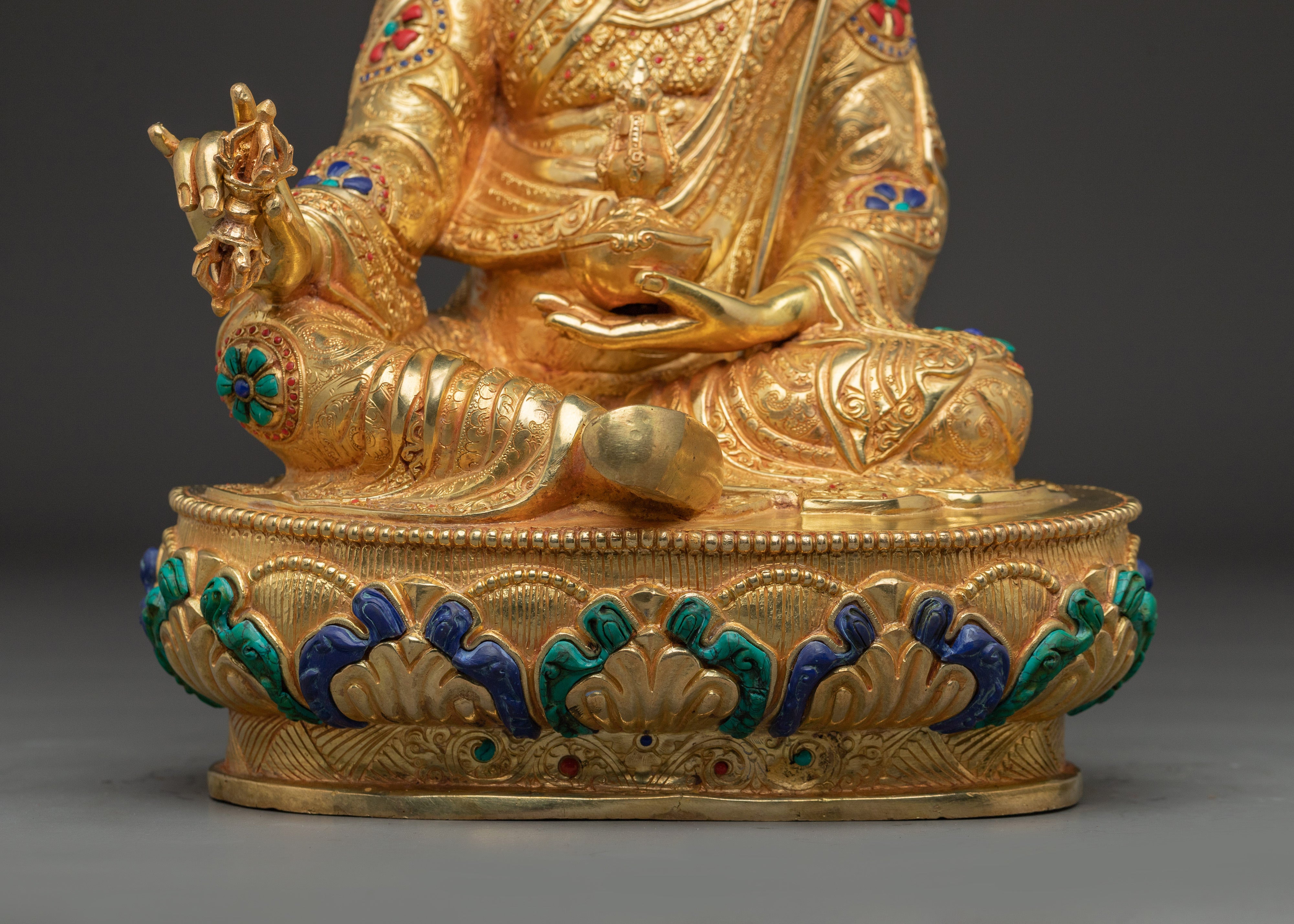 Guru Rinpoche Statue with Gemstones | Copper Statue for Meditation and Spiritual Altar