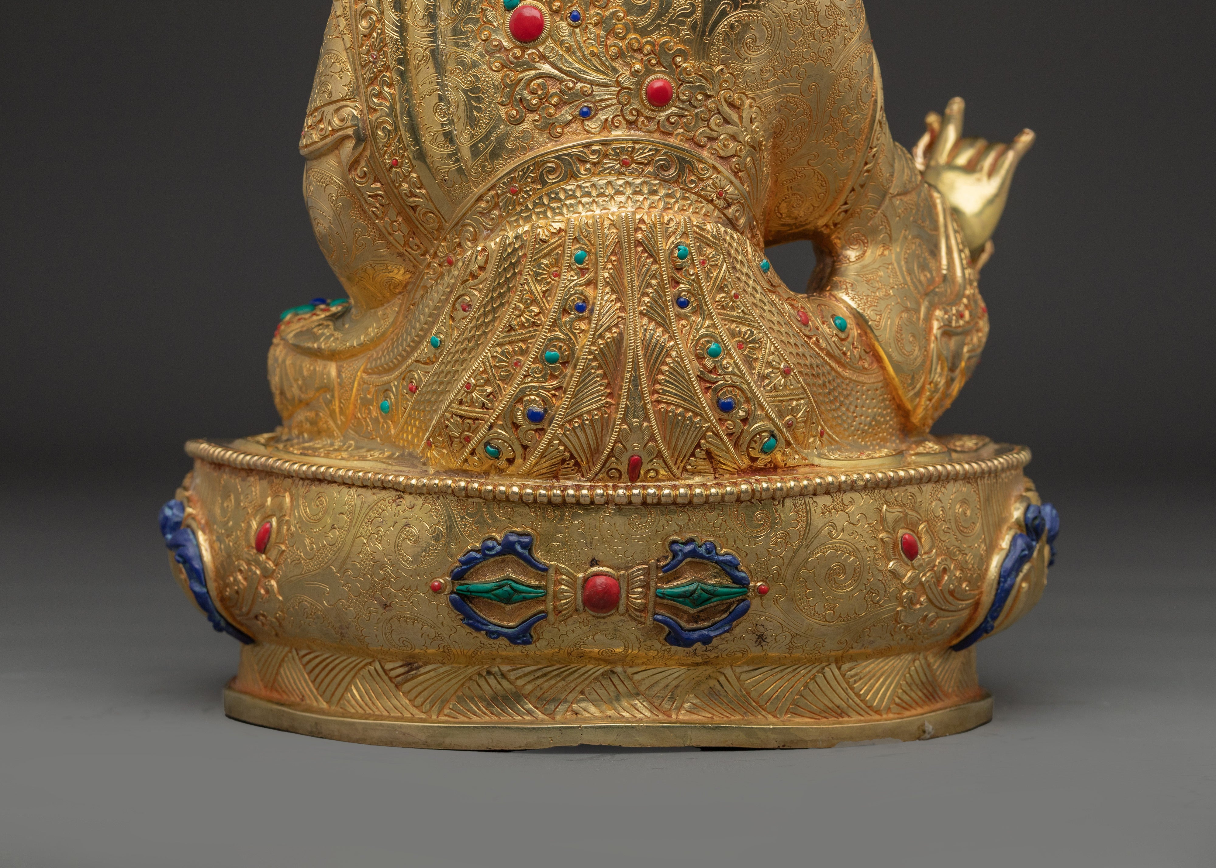 Guru Rinpoche Statue with Gemstones | Copper Statue for Meditation and Spiritual Altar