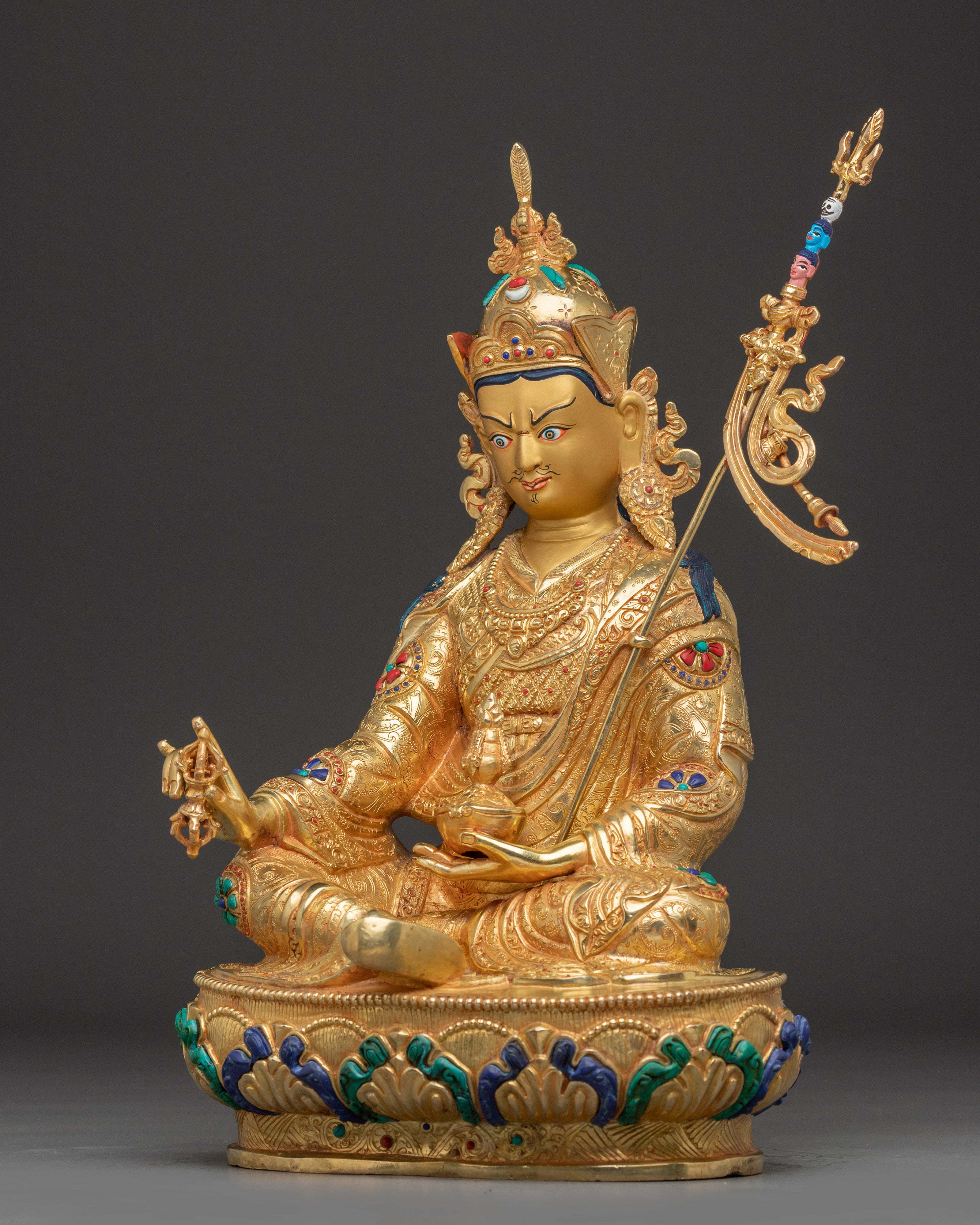 Guru Rinpoche Statue with Gemstones | Copper Statue for Meditation and Spiritual Altar