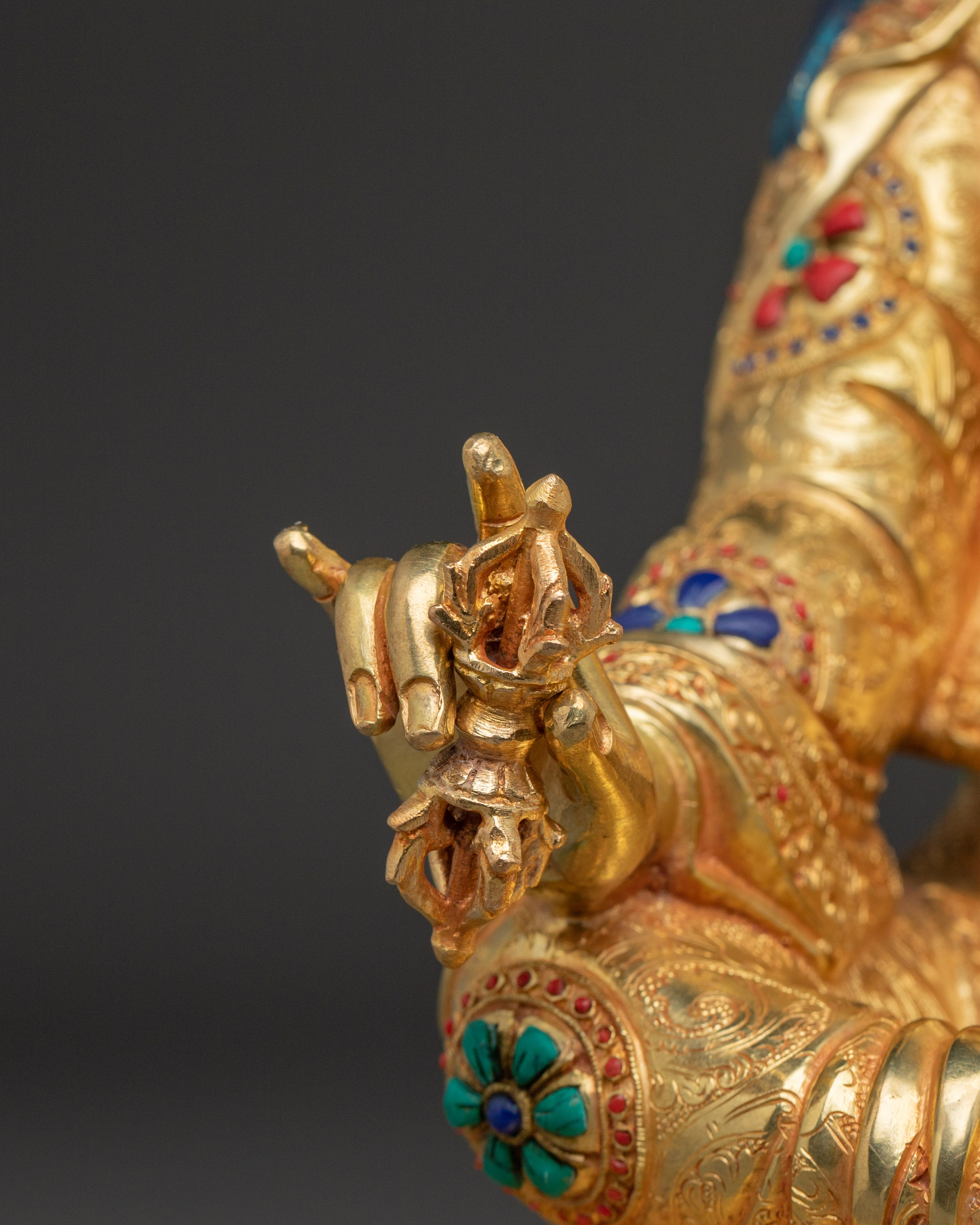 Guru Rinpoche Statue with Gemstones | Copper Statue for Meditation and Spiritual Altar