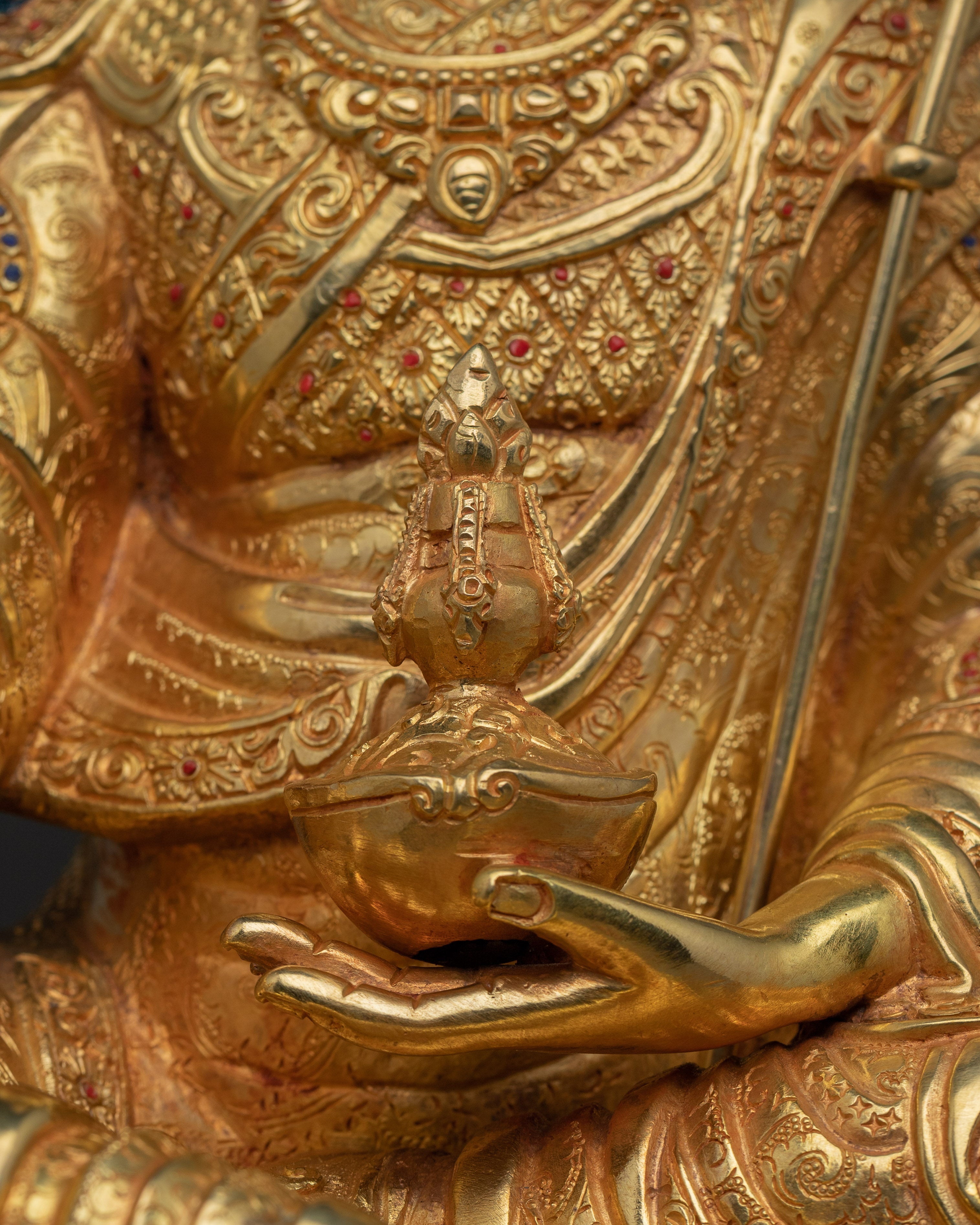 Guru Rinpoche Statue with Gemstones | Copper Statue for Meditation and Spiritual Altar