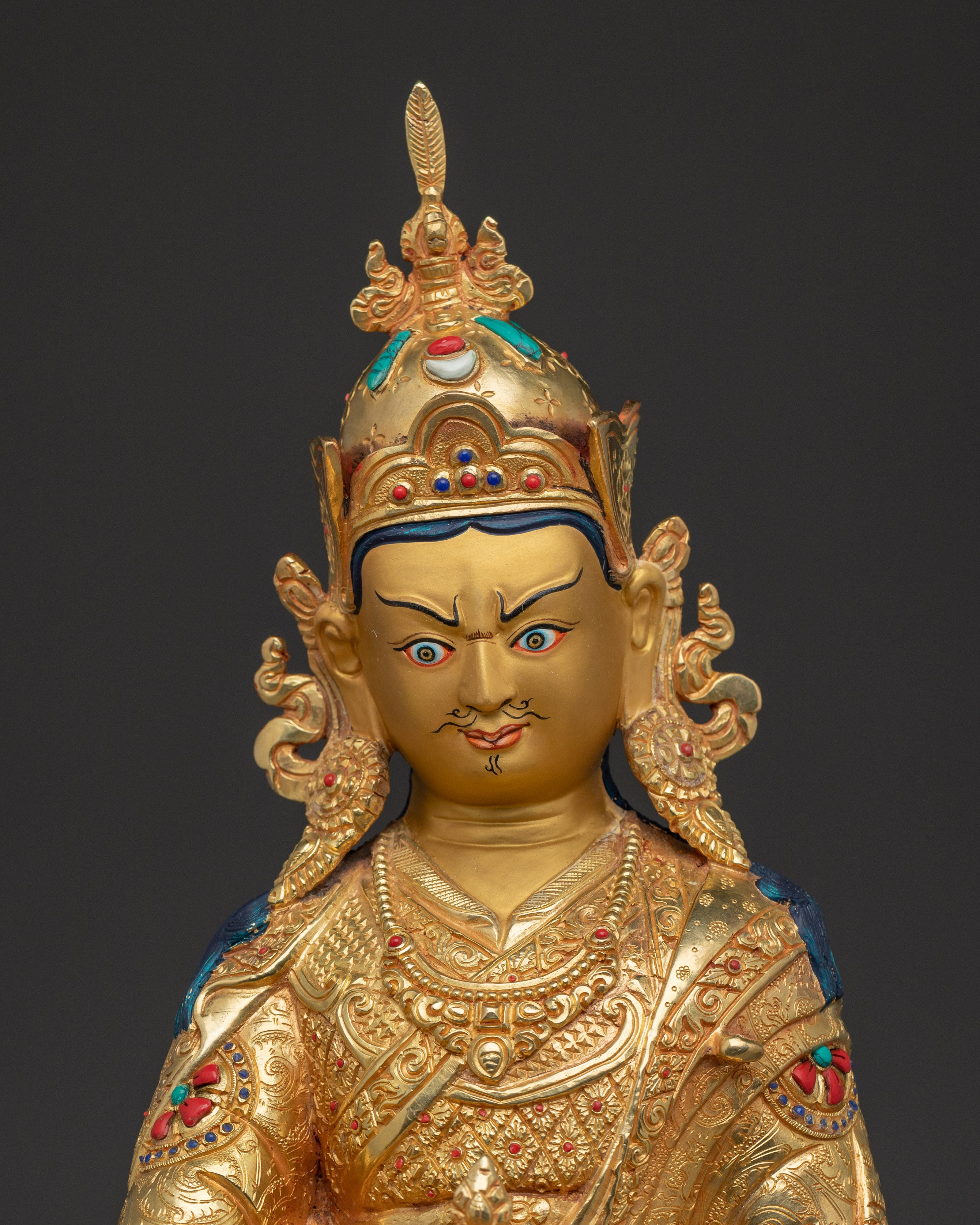 Guru Rinpoche Statue with Gemstones | Copper Statue for Meditation and Spiritual Altar