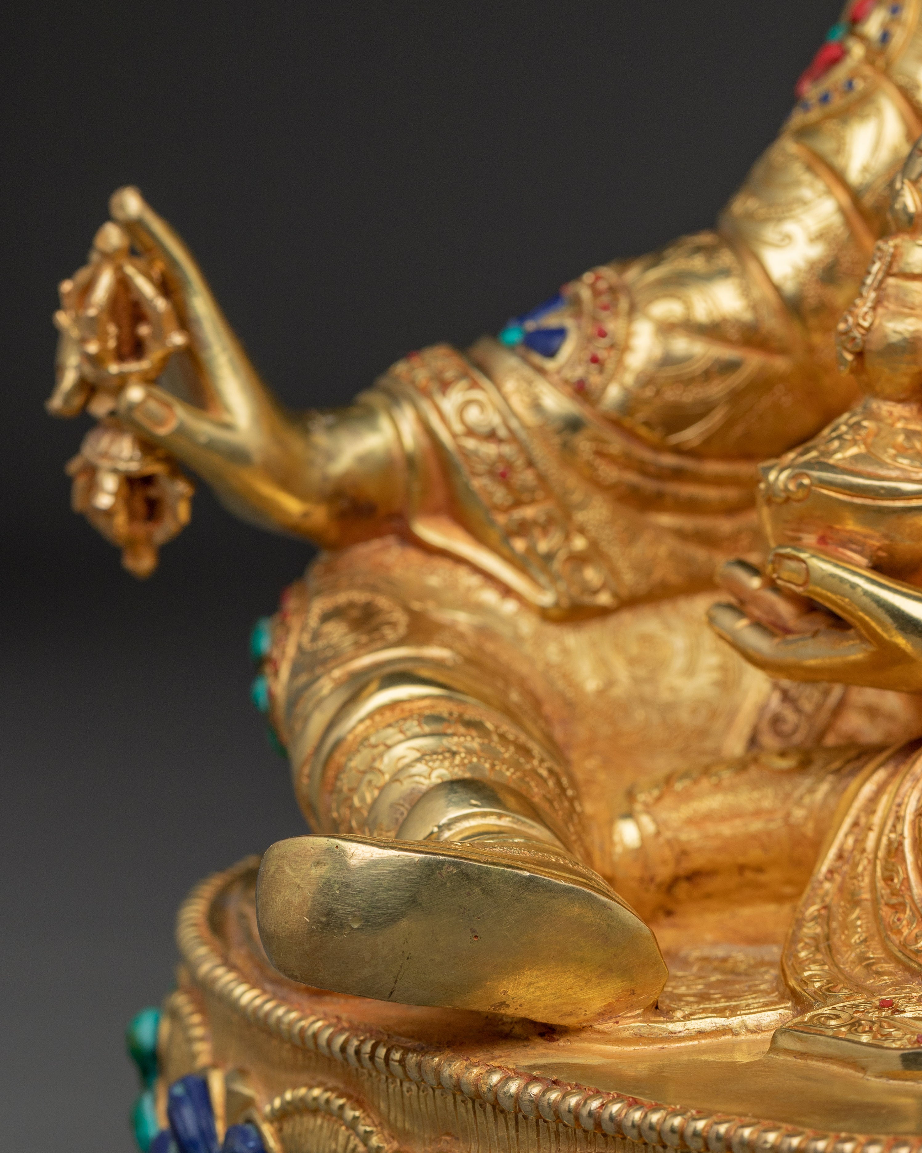 Guru Rinpoche Statue with Gemstones | Copper Statue for Meditation and Spiritual Altar